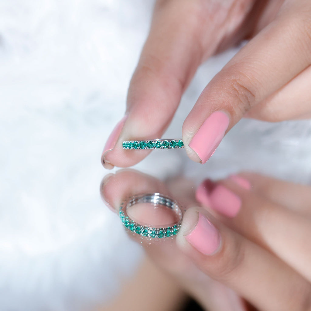 Lab Grown Emerald Ring – Stackable Eternity Style Band with AAAA Quality Green Gemstone