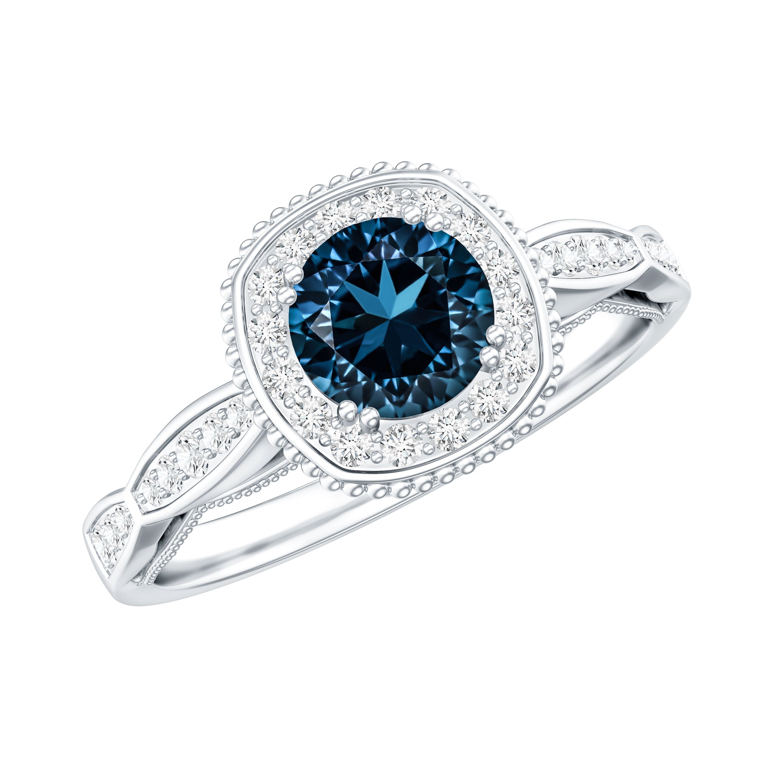 0.6 Carat London Blue topaz Vintage Inspired Ring with Diamond Halo