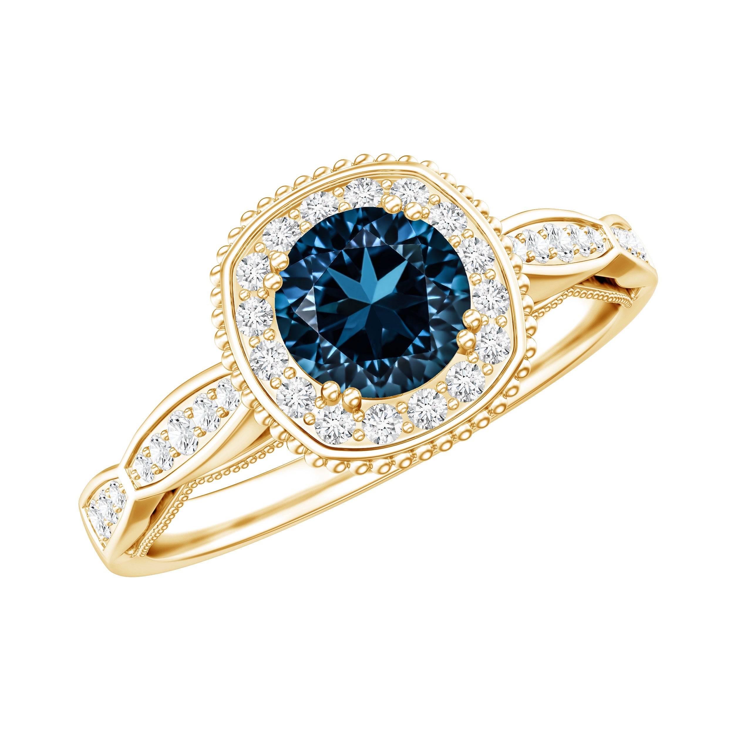 0.6 Carat London Blue topaz Vintage Inspired Ring with Diamond Halo