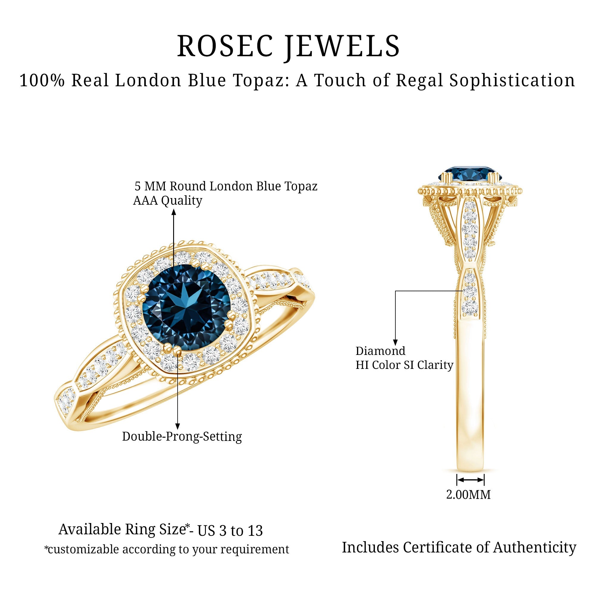 0.6 Carat London Blue topaz Vintage Inspired Ring with Diamond Halo
