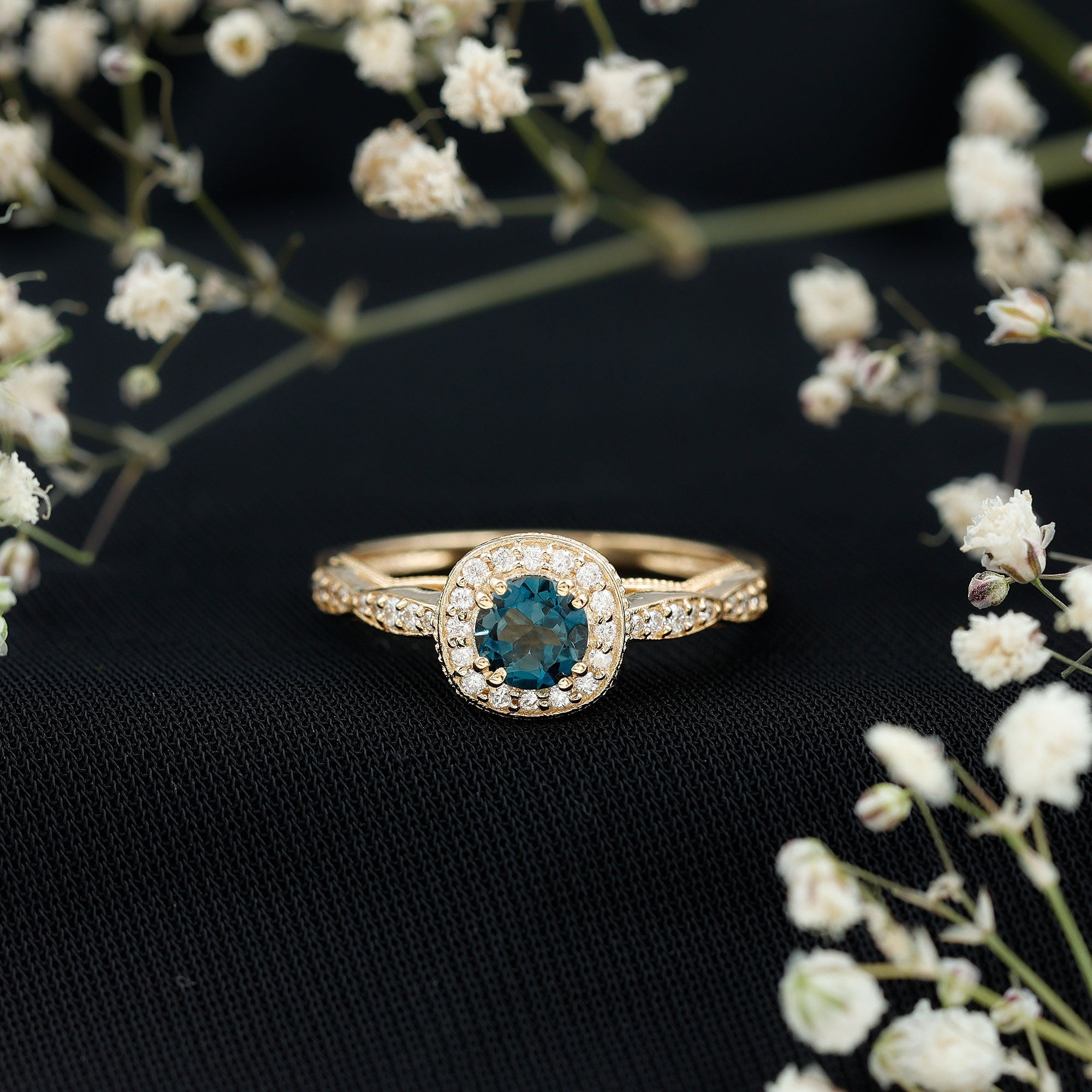 0.6 Carat London Blue topaz Vintage Inspired Ring with Diamond Halo