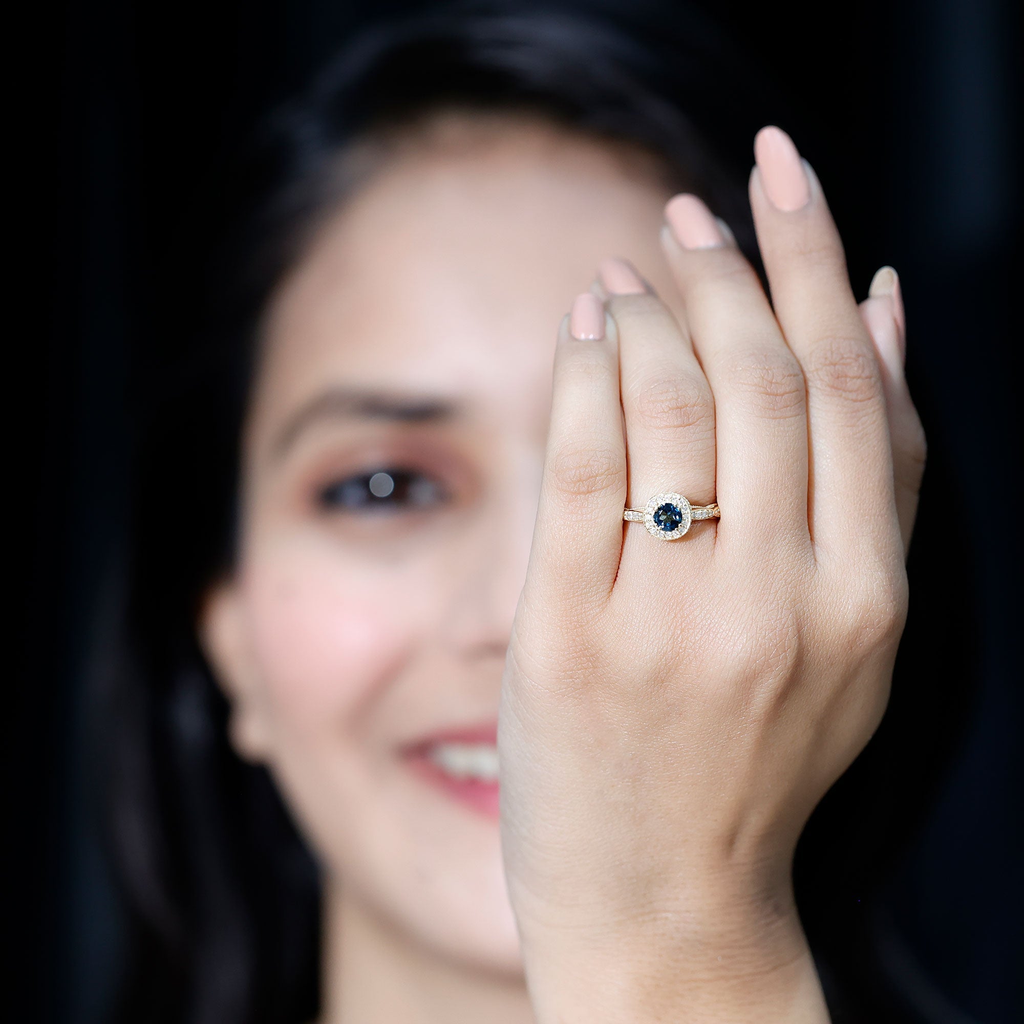 0.6 Carat London Blue topaz Vintage Inspired Ring with Diamond Halo
