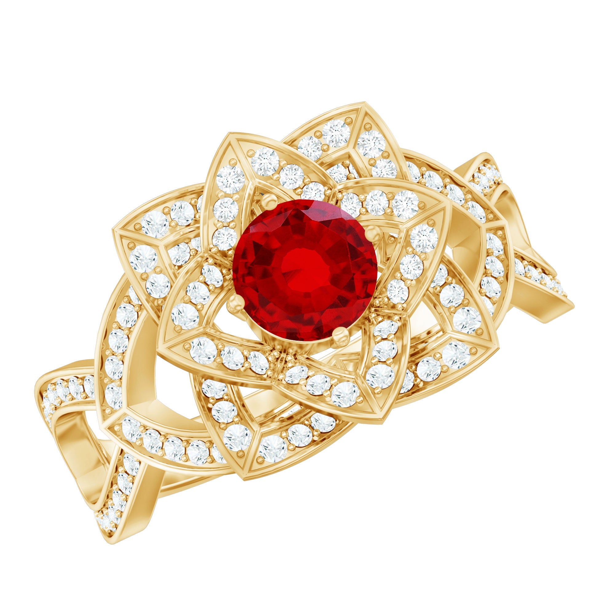 Lab Created Ruby Ring – Vintage Engagement Ring With Moissanite Flower Motif