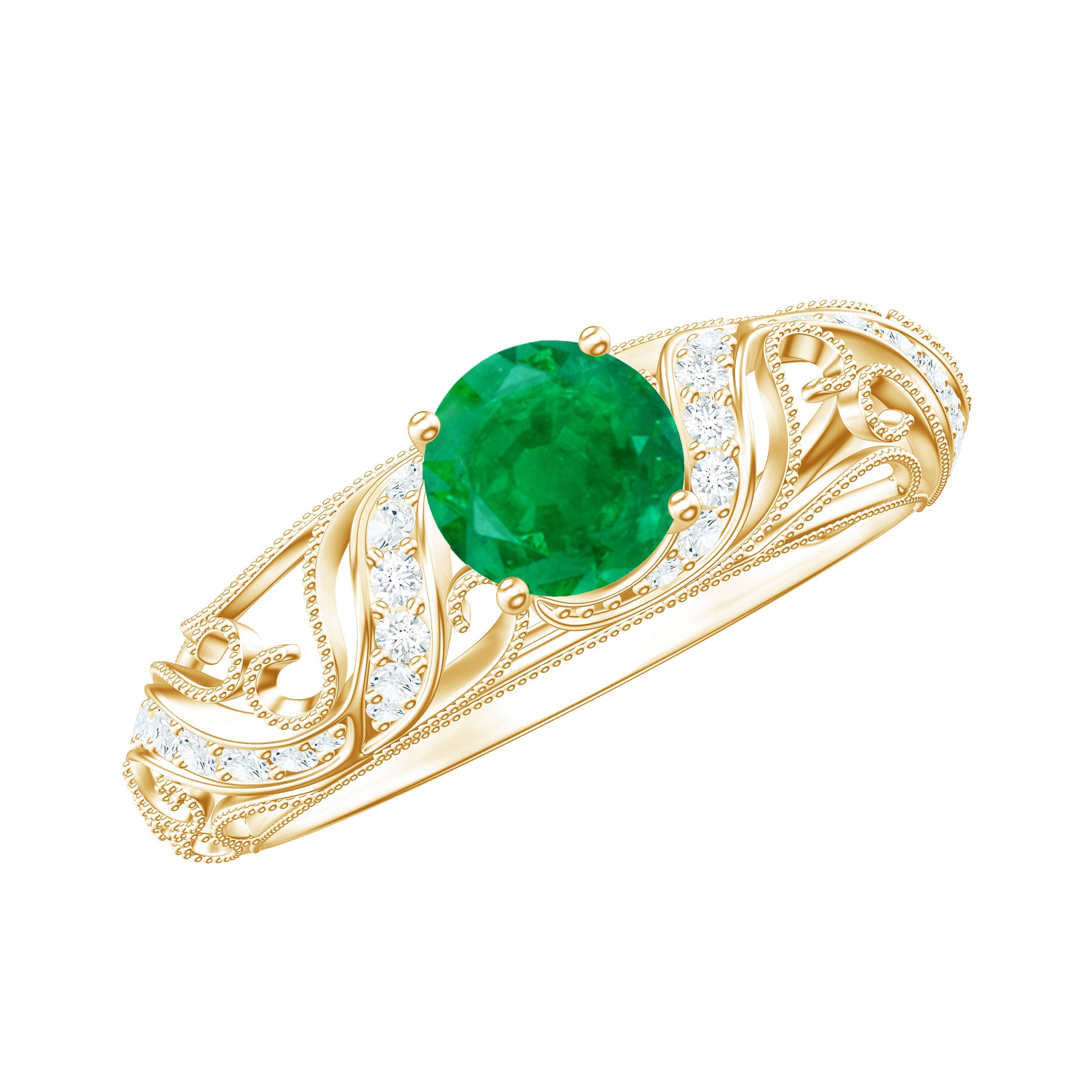 Emerald Engagement Ring - 5mm Round AAA Quality Emerald with HI-SI Diamonds & Vintage Style
