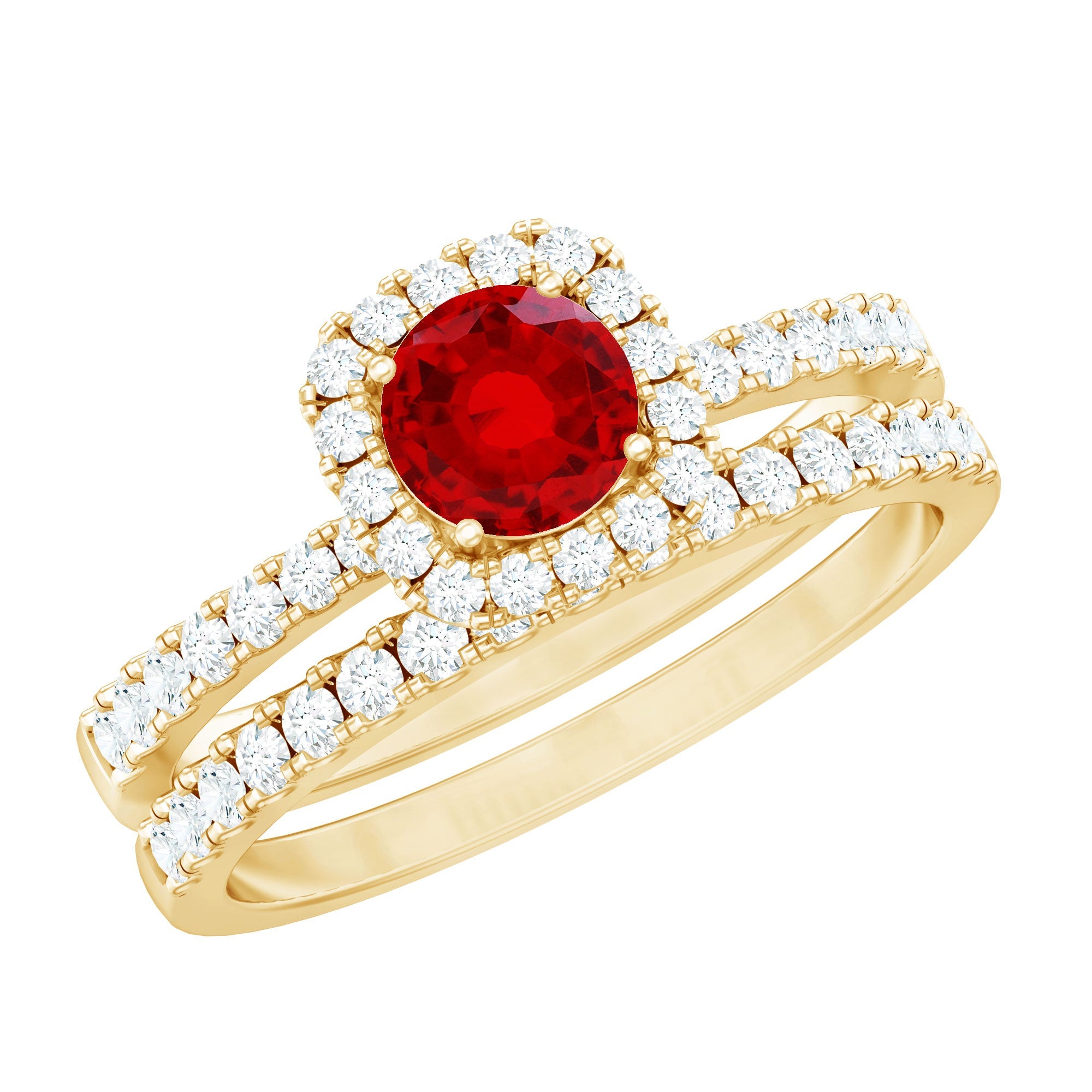 Ruby Diamond Wedding Band – Vintage Created Ruby Ring With Brilliant Cut Diamonds