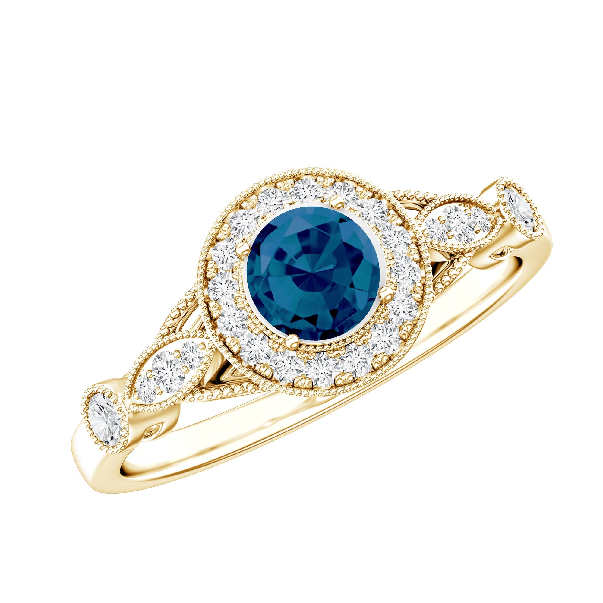 0.6 Carat London Blue Topaz Antique Engagement Ring with Diamond Halo