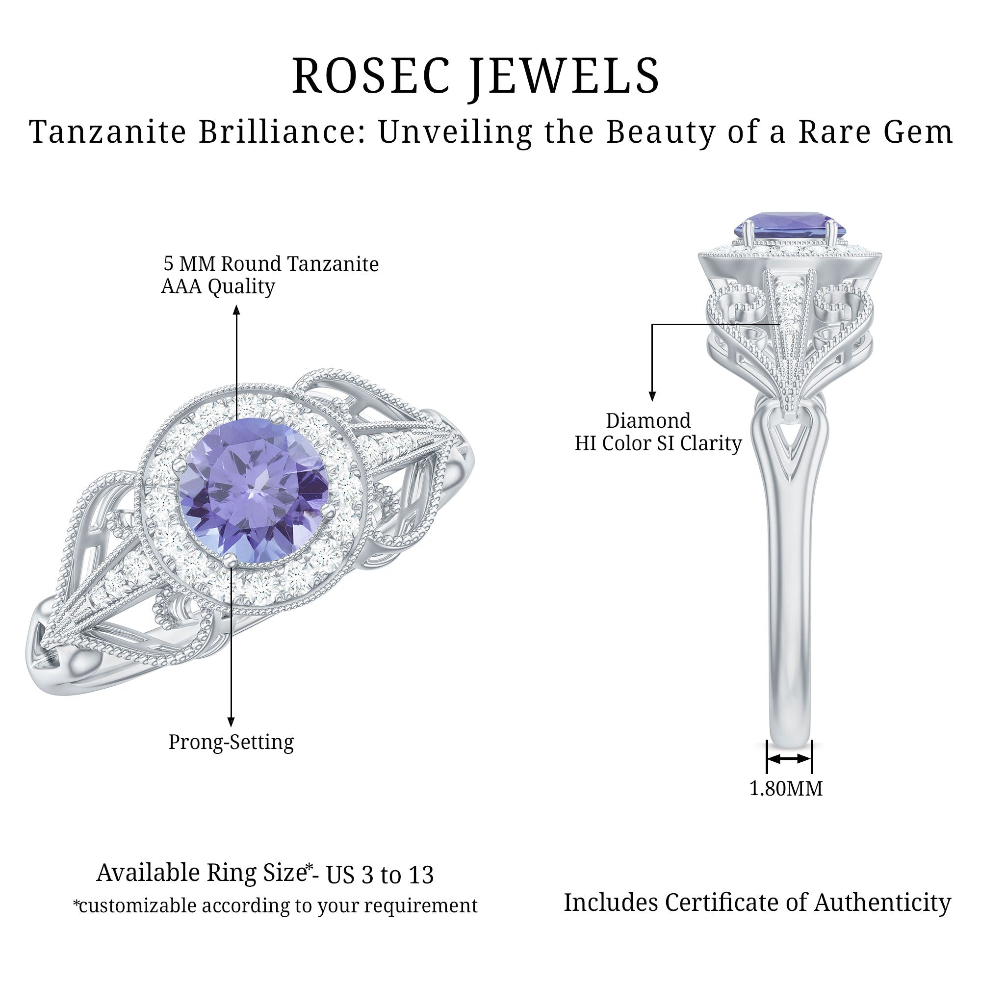 Natural Tanzanite Ring – Retro Engagement Ring With Diamond Accent & Vintage Style