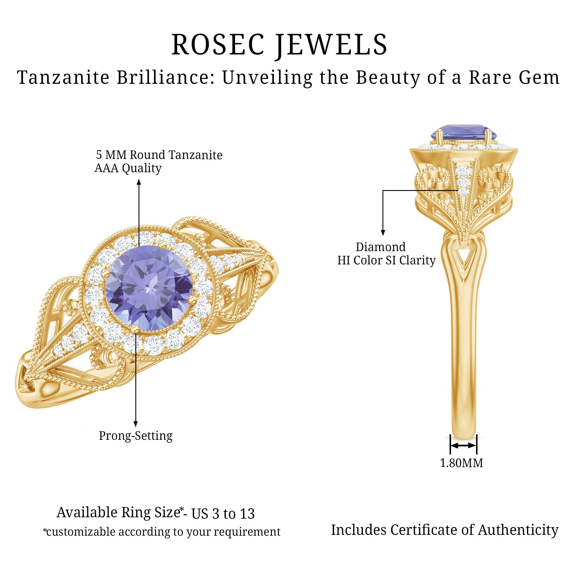Natural Tanzanite Ring – Retro Engagement Ring With Diamond Accent & Vintage Style