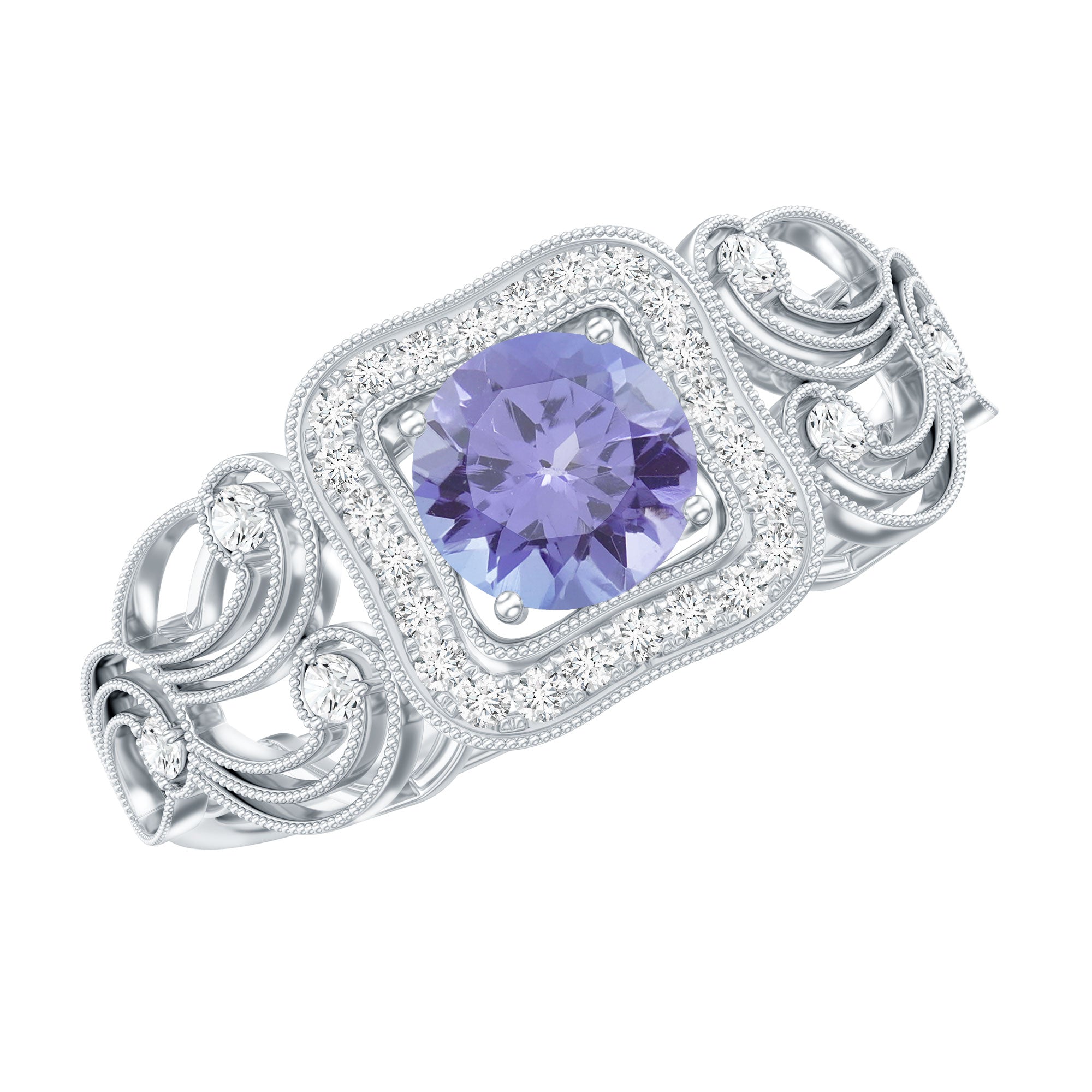Vintage Tanzanite Ring – Prong Set 5mm Blue Gemstone with Diamond Halo Band
