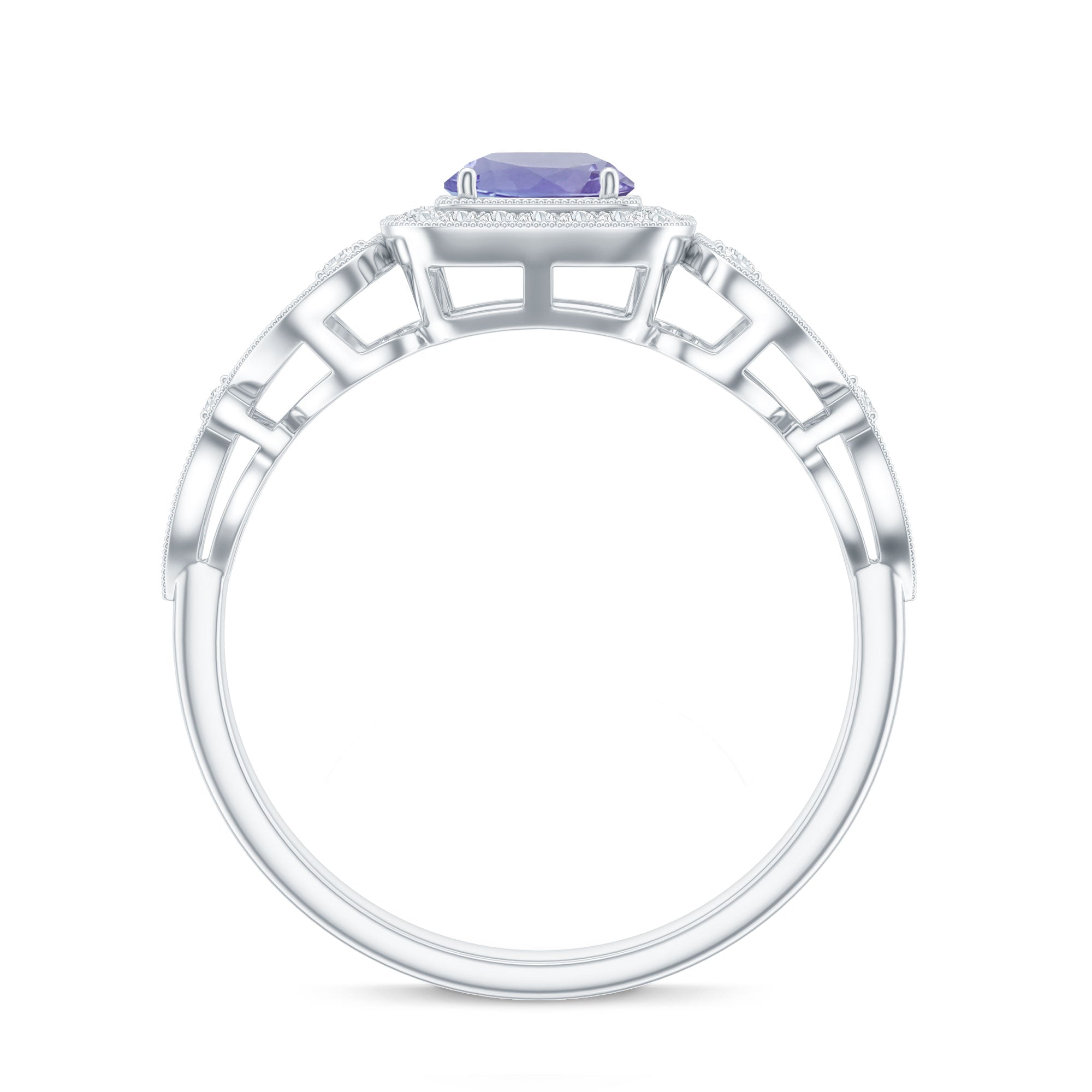 Vintage Tanzanite Ring – Prong Set 5mm Blue Gemstone with Diamond Halo Band
