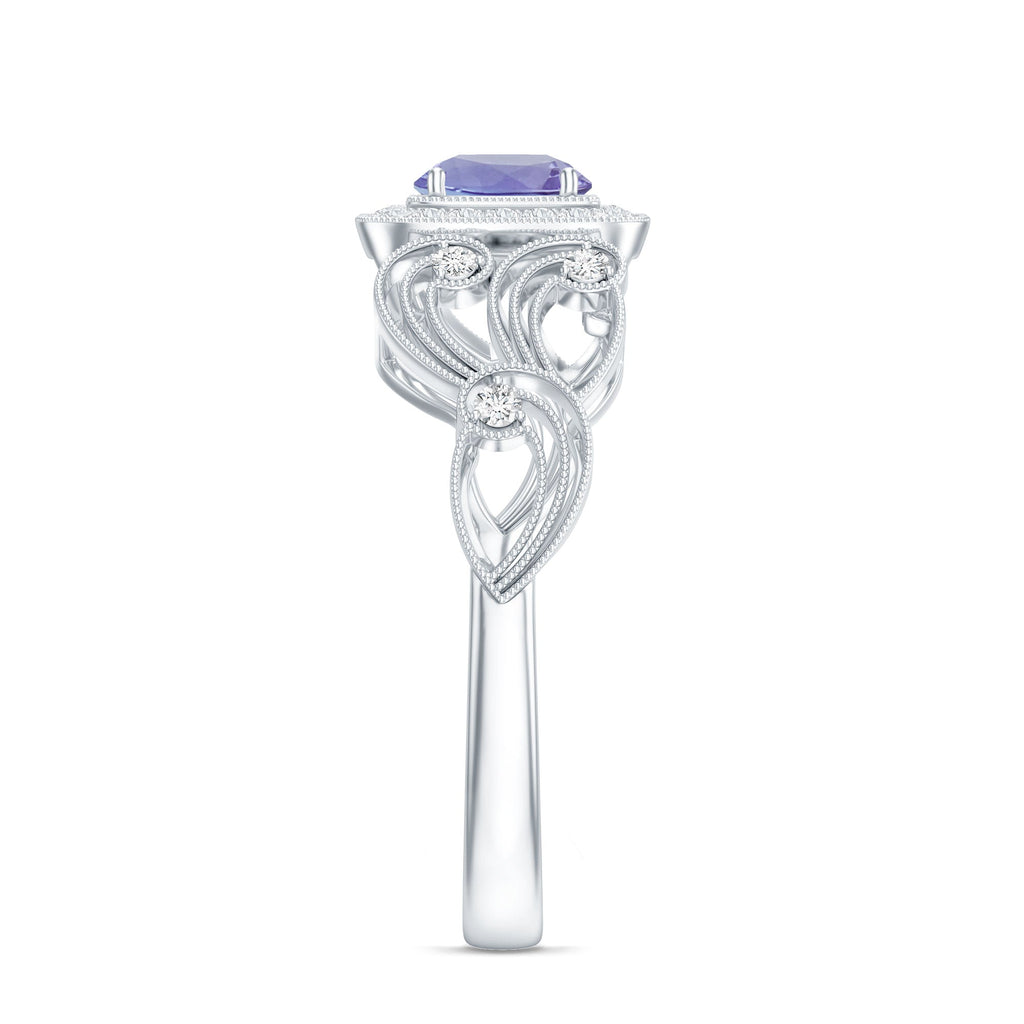 Vintage Tanzanite Ring – Prong Set 5mm Blue Gemstone with Diamond Halo Band