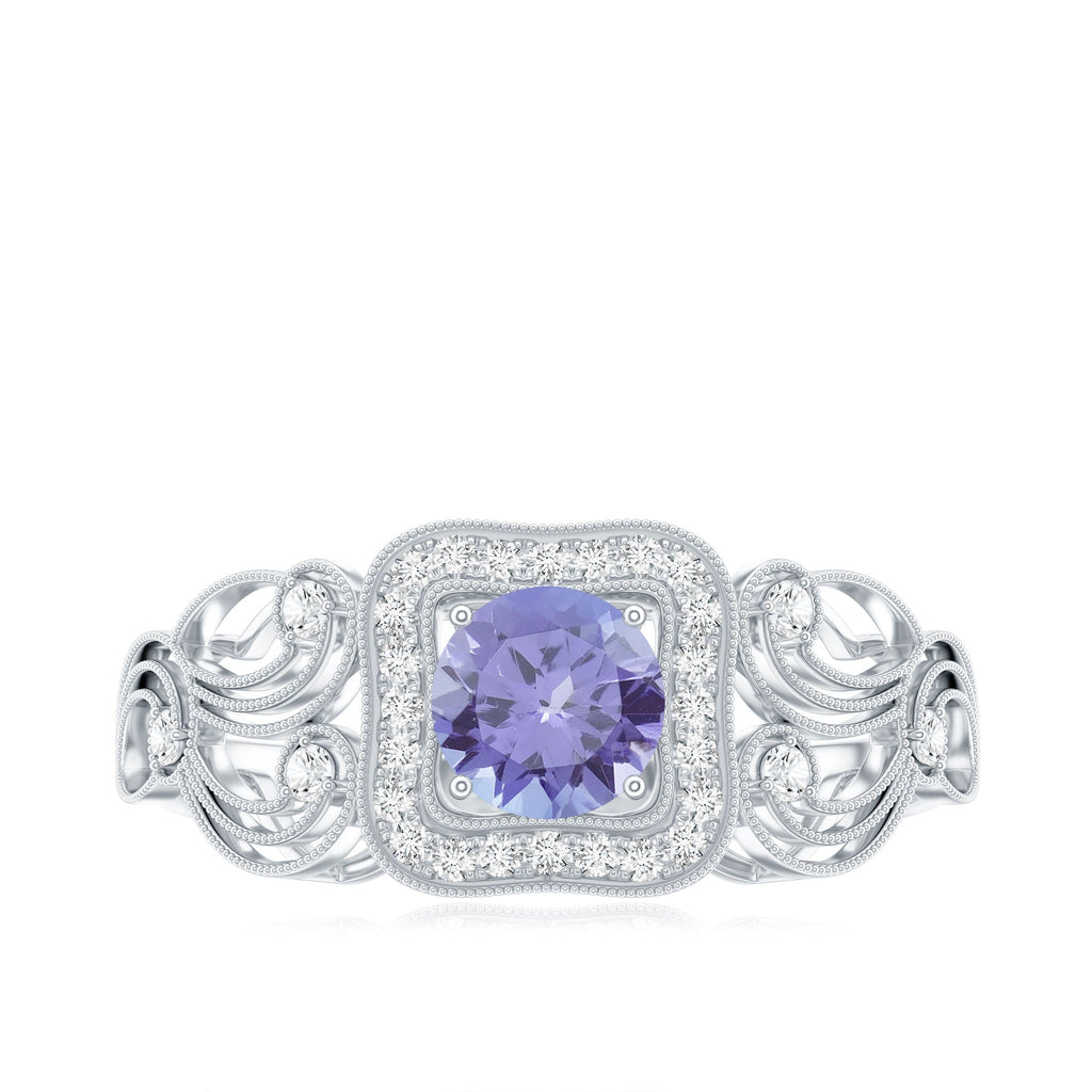 Vintage Tanzanite Ring – Prong Set 5mm Blue Gemstone with Diamond Halo Band