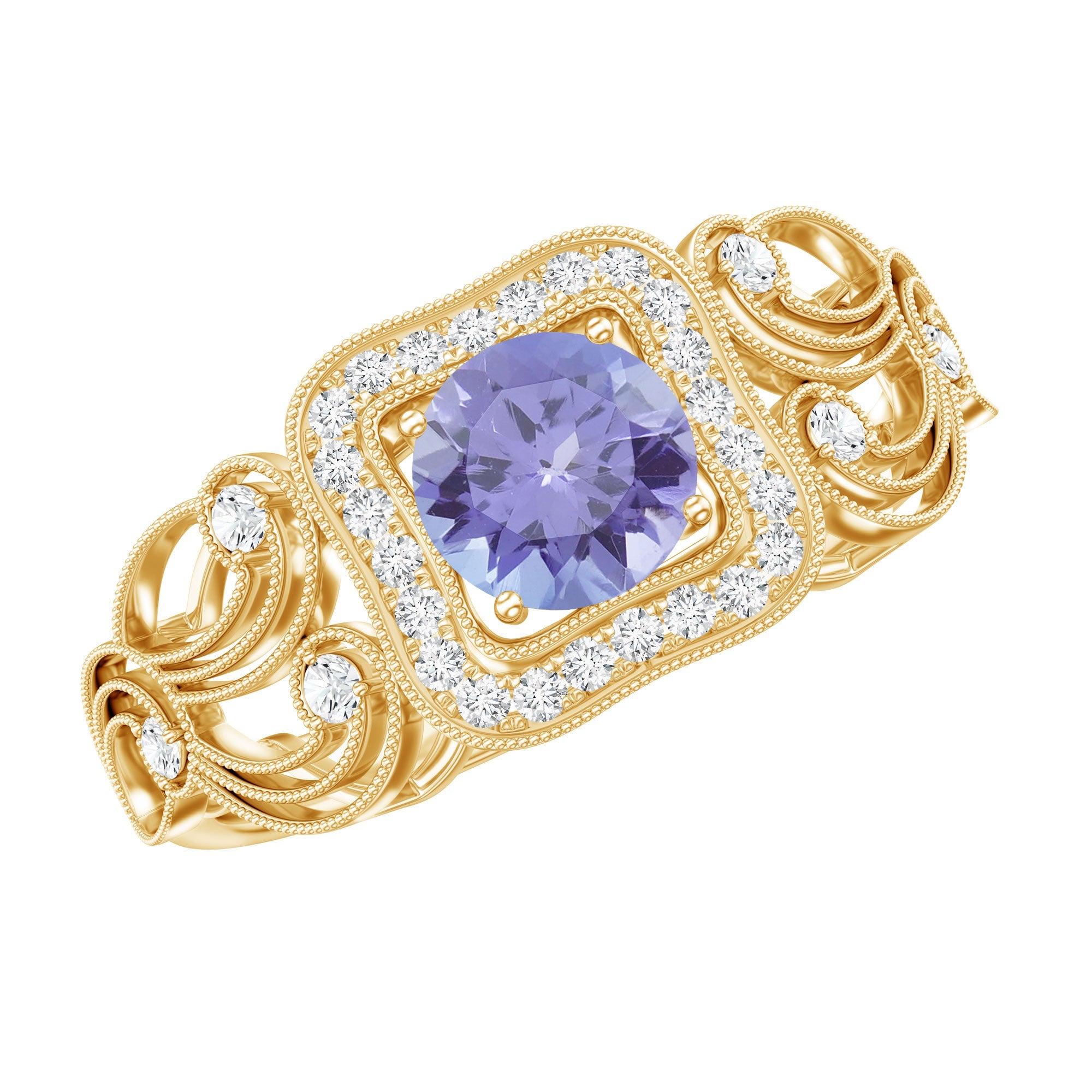 Vintage Tanzanite Ring – Prong Set 5mm Blue Gemstone with Diamond Halo Band