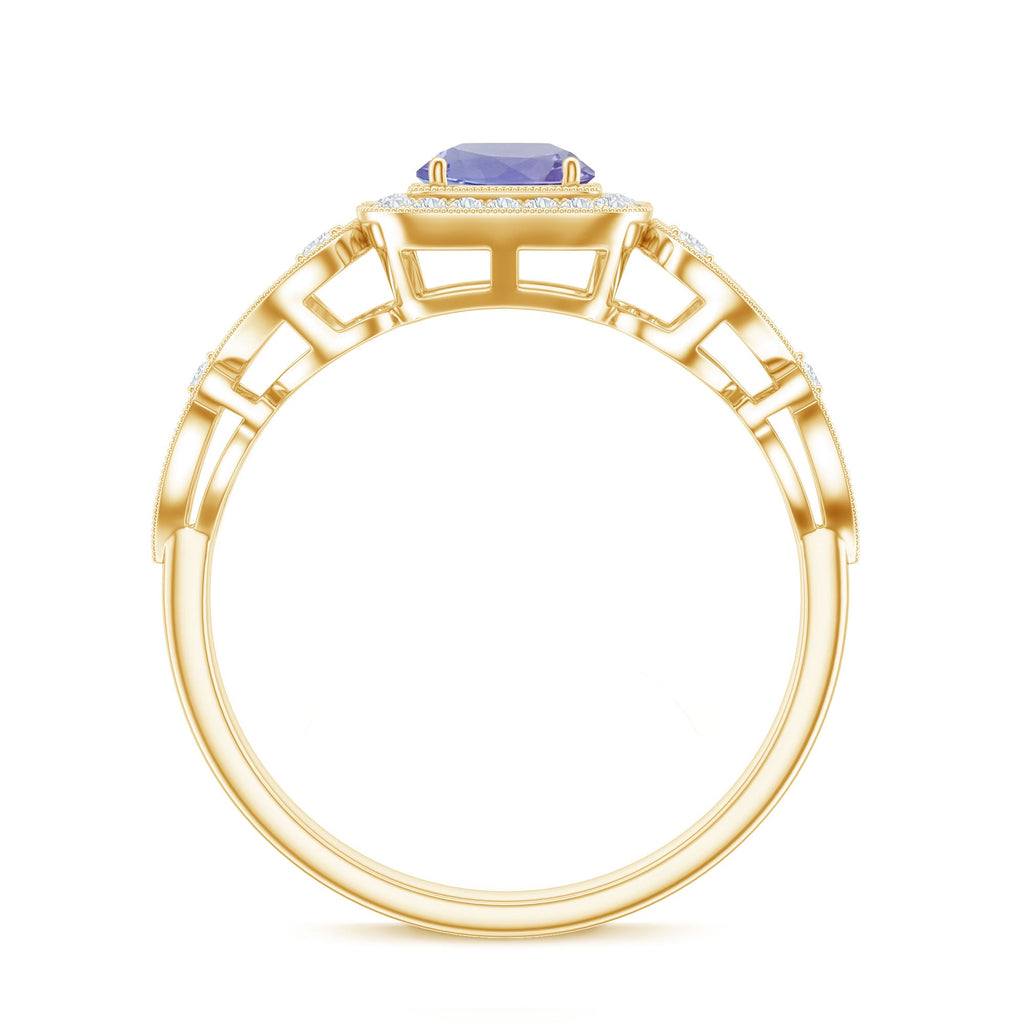 Vintage Tanzanite Ring – Prong Set 5mm Blue Gemstone with Diamond Halo Band