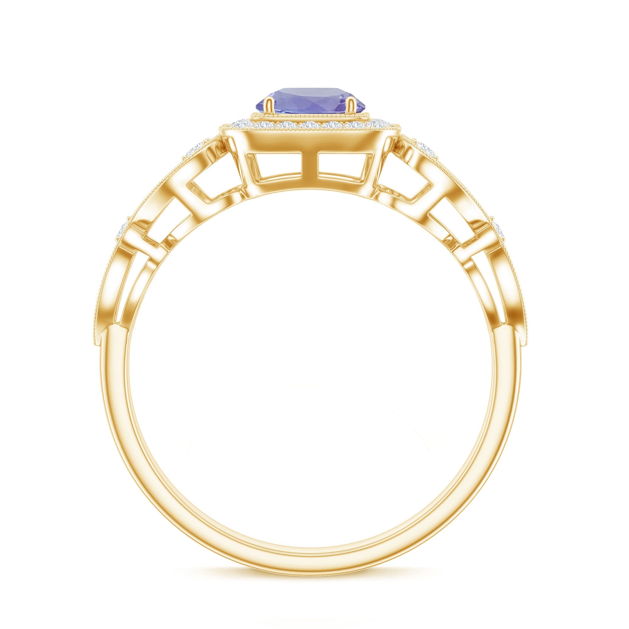 Vintage Tanzanite Ring – Prong Set 5mm Blue Gemstone with Diamond Halo Band