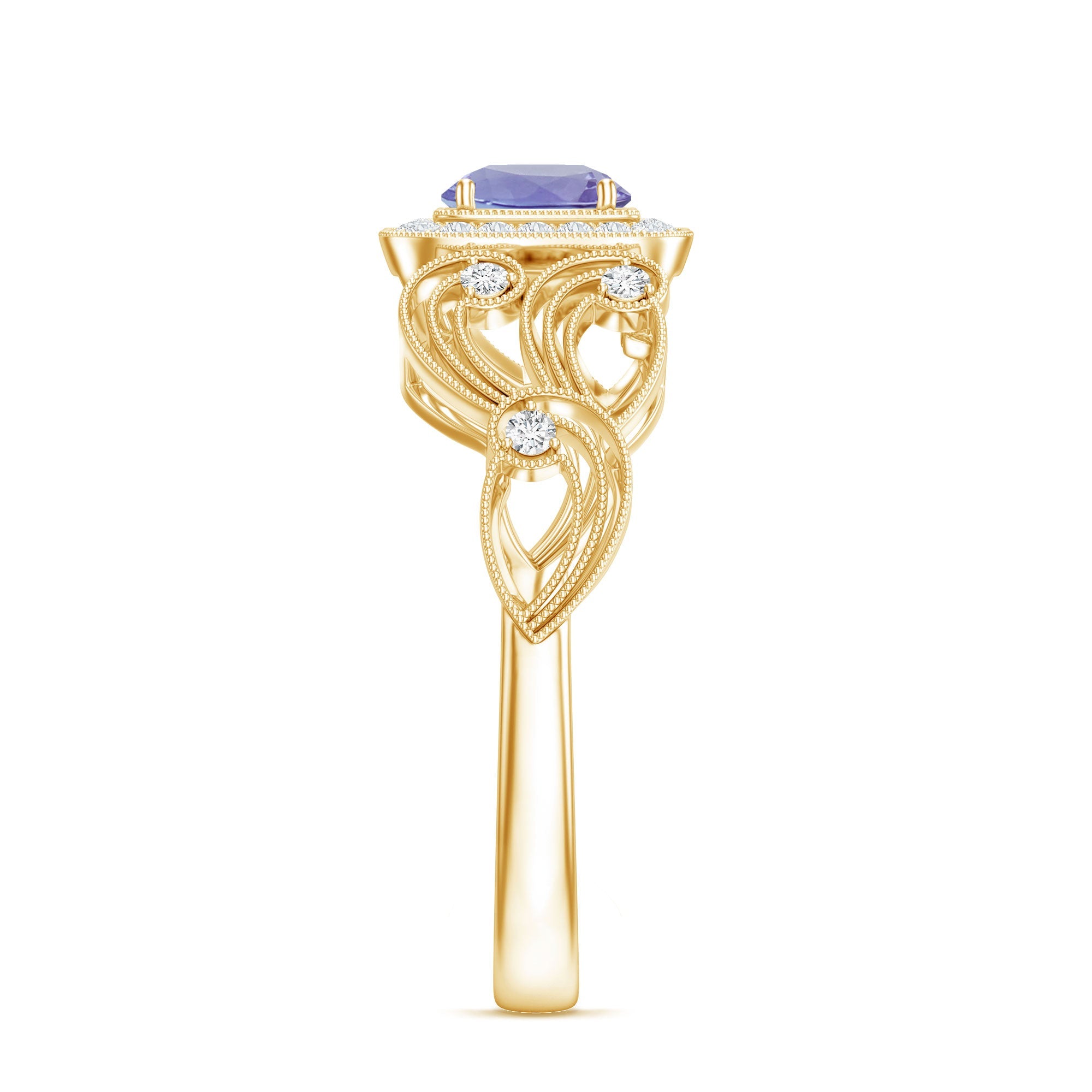 Vintage Tanzanite Ring – Prong Set 5mm Blue Gemstone with Diamond Halo Band