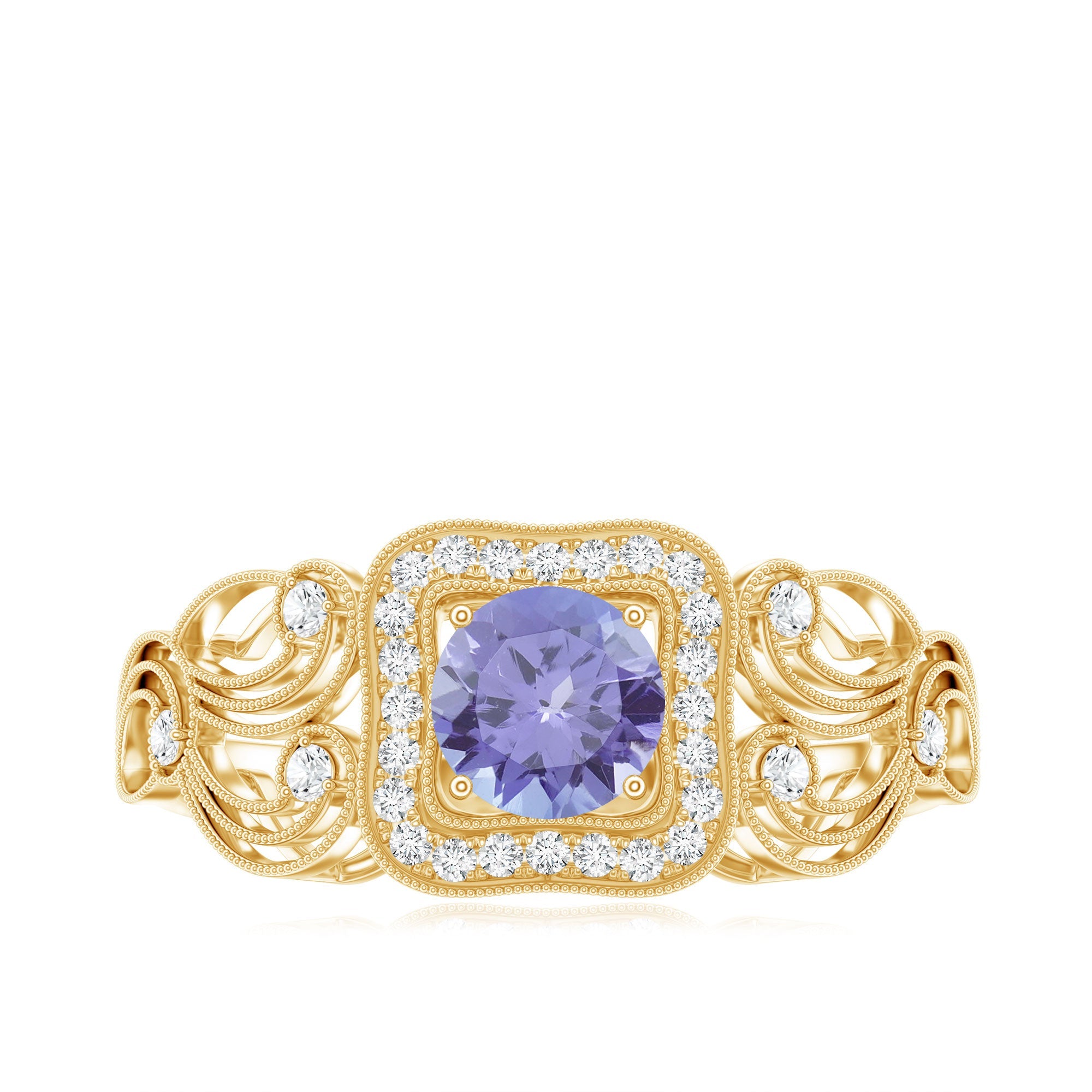 Vintage Tanzanite Ring – Prong Set 5mm Blue Gemstone with Diamond Halo Band