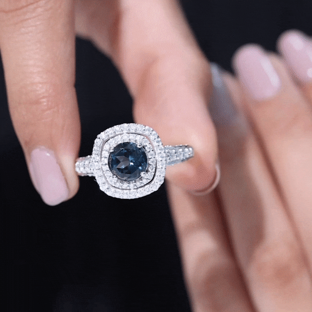 2 Carat Round London Blue Topaz Double Halo Engagement Ring with Moissanite