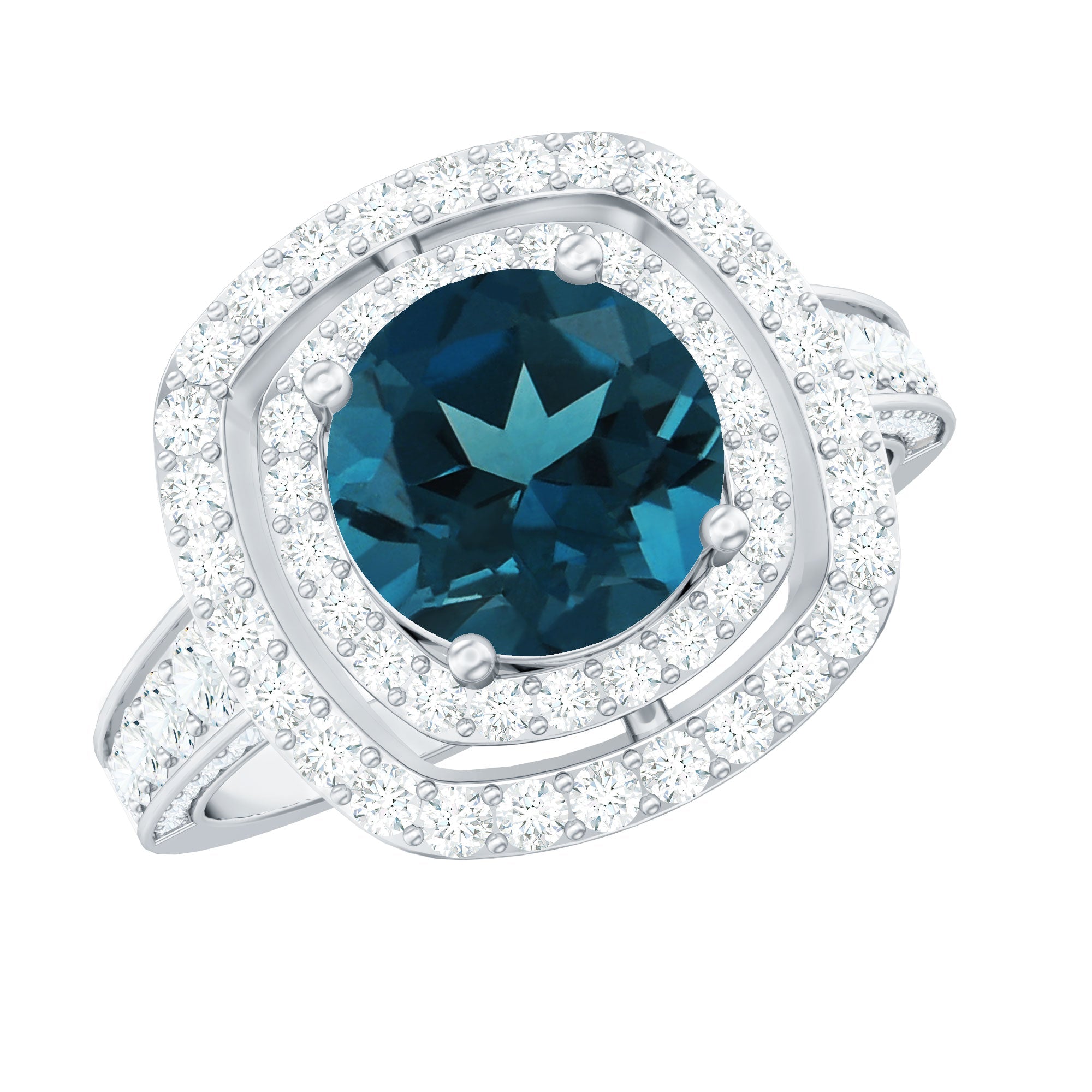 2 Carat Round London Blue Topaz Double Halo Engagement Ring with Moissanite