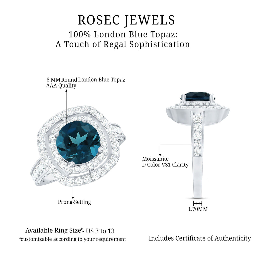 2 Carat Round London Blue Topaz Double Halo Engagement Ring with Moissanite
