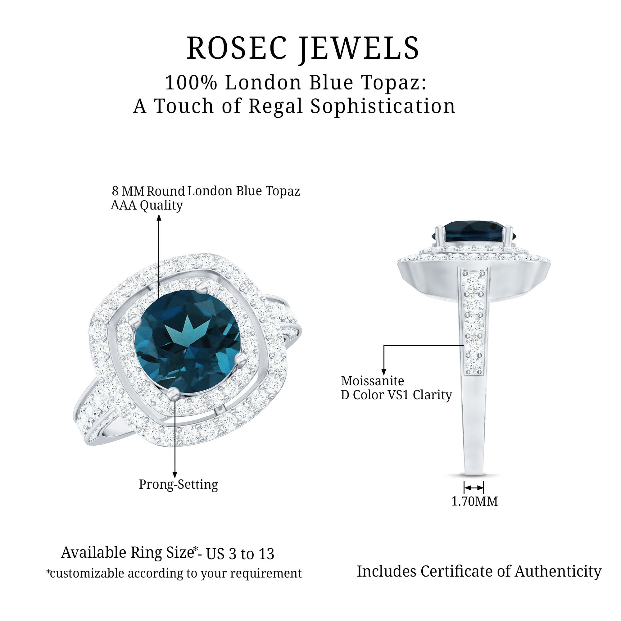 2 Carat Round London Blue Topaz Double Halo Engagement Ring with Moissanite