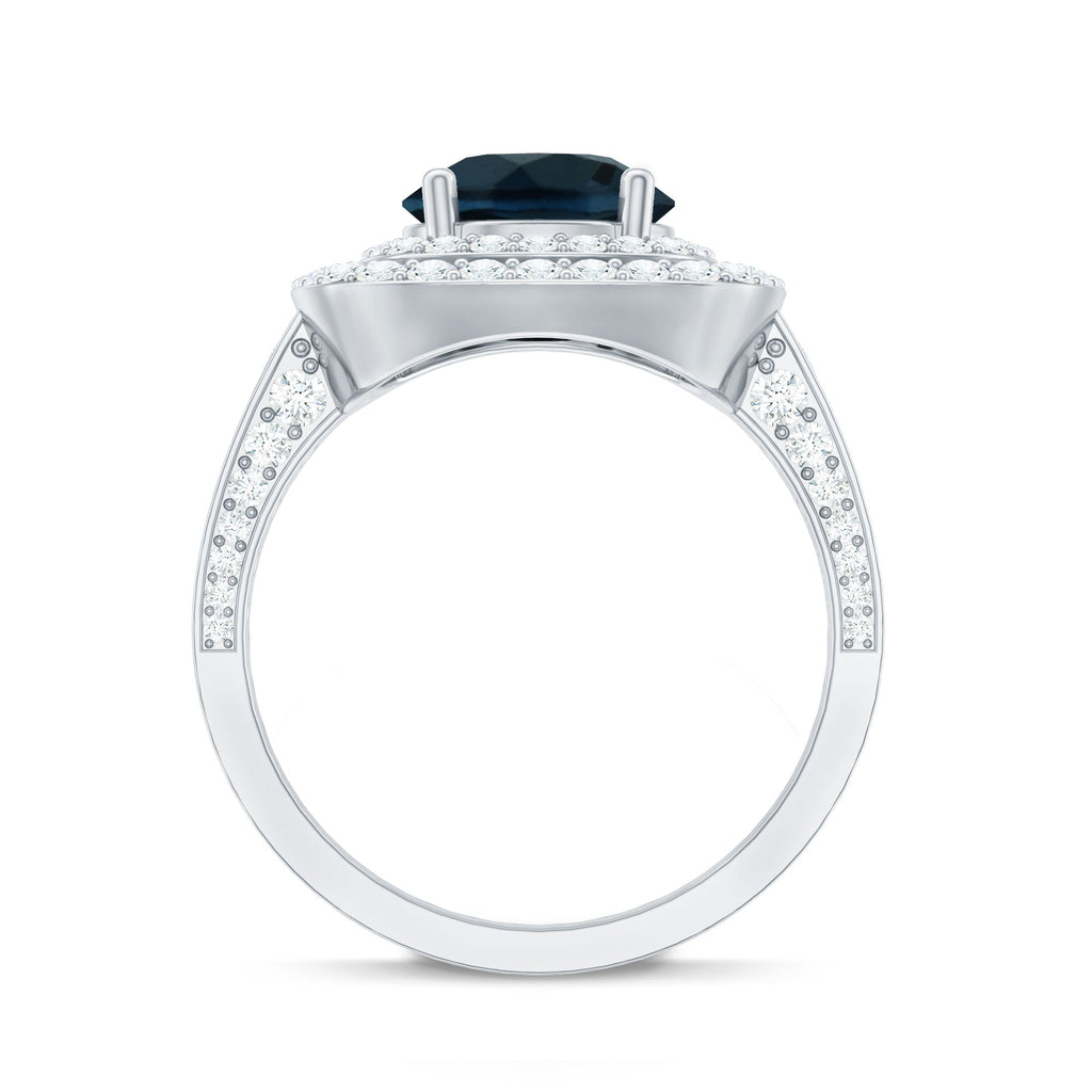 2 Carat Round London Blue Topaz Double Halo Engagement Ring with Moissanite