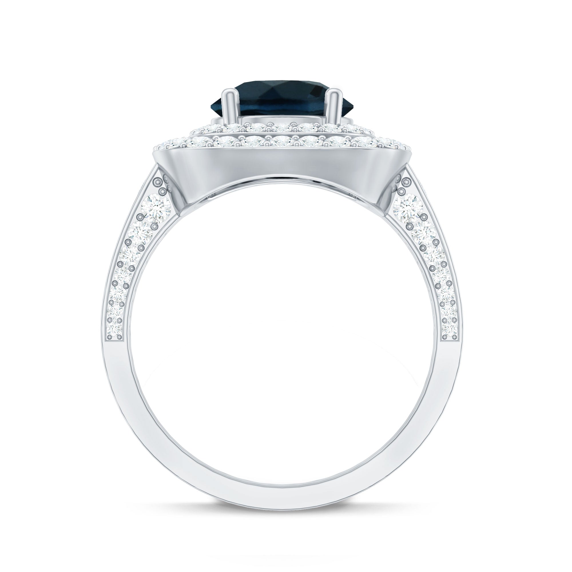 2 Carat Round London Blue Topaz Double Halo Engagement Ring with Moissanite