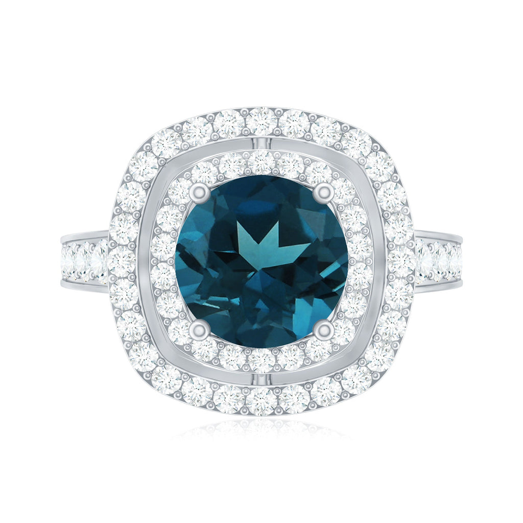 2 Carat Round London Blue Topaz Double Halo Engagement Ring with Moissanite