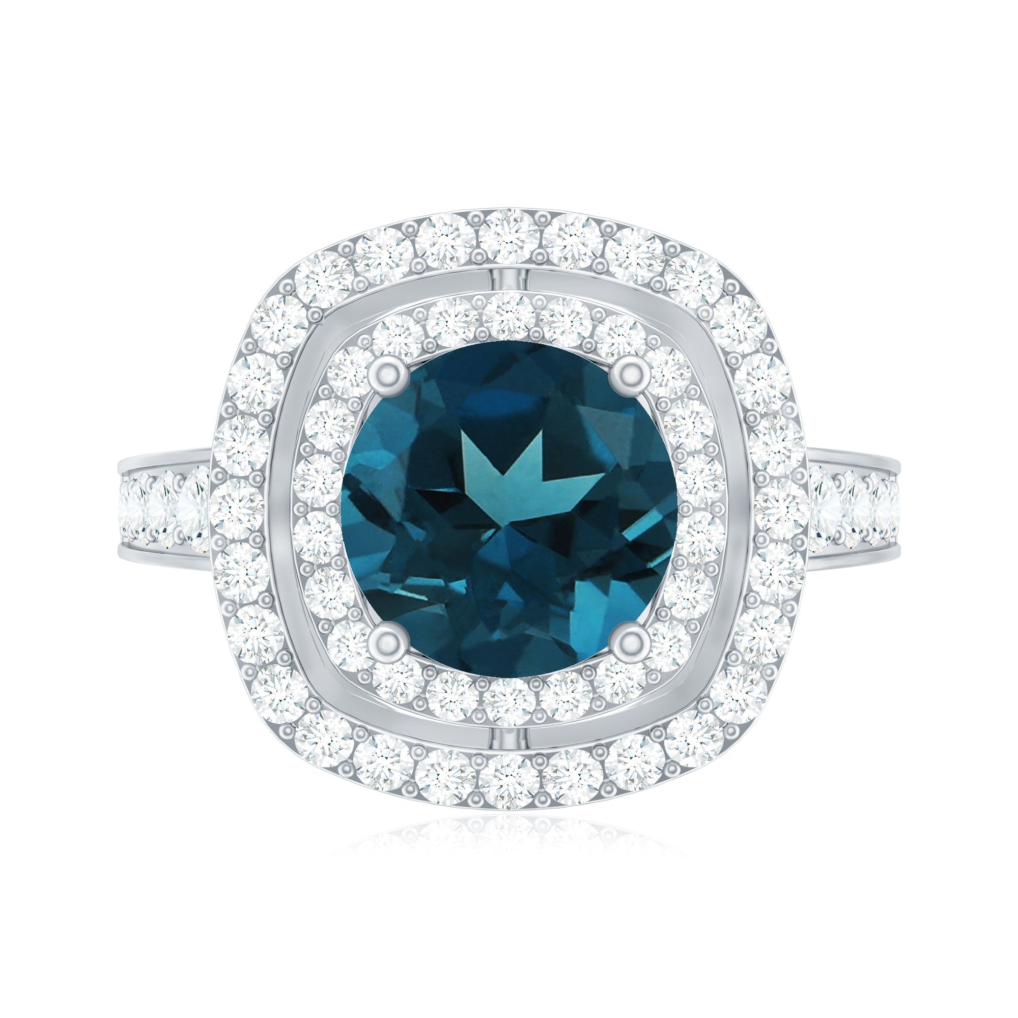 2 Carat Round London Blue Topaz Double Halo Engagement Ring with Moissanite