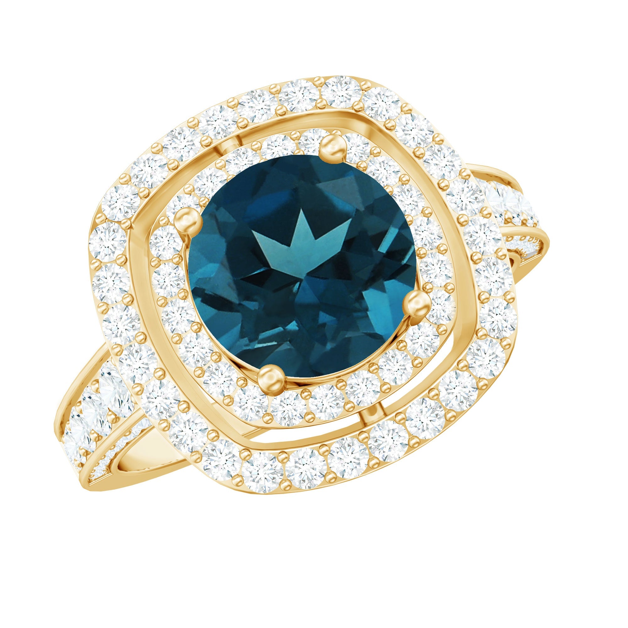 2 Carat Round London Blue Topaz Double Halo Engagement Ring with Moissanite