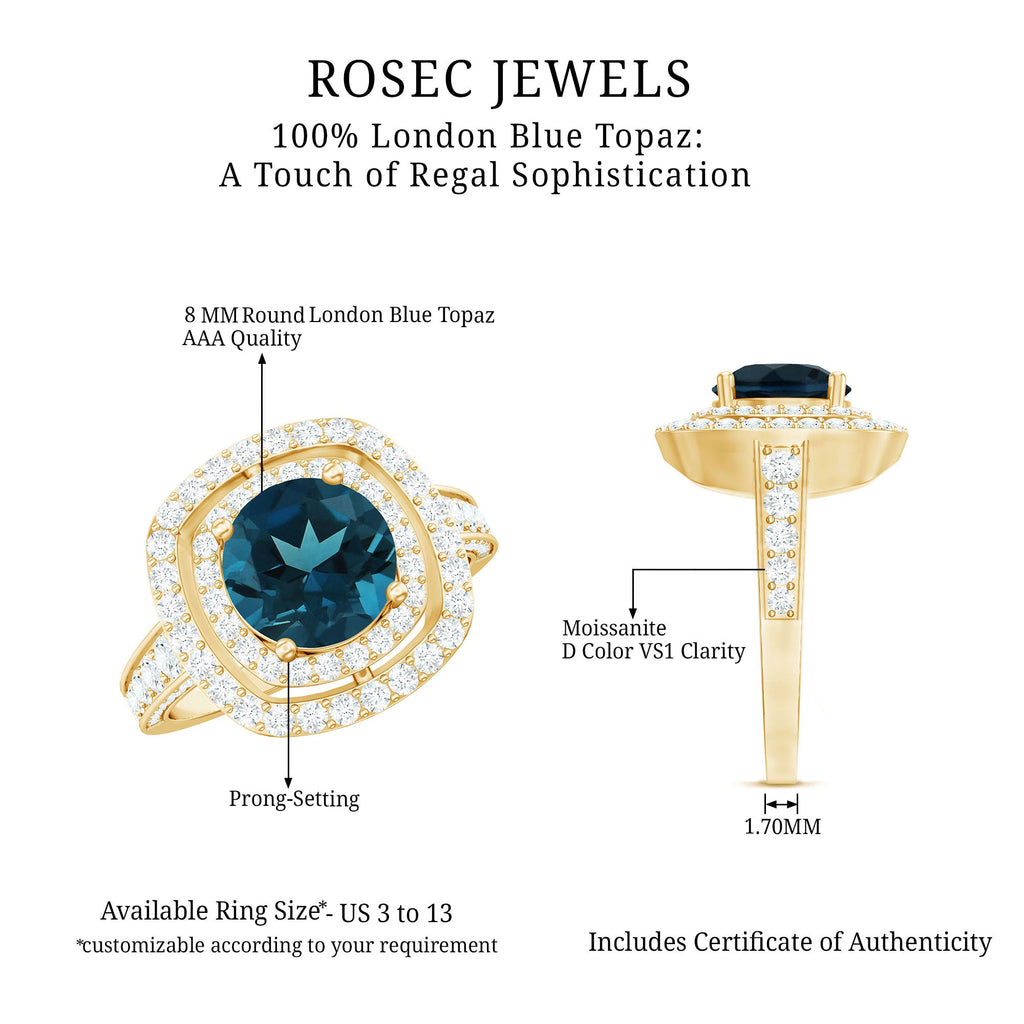 2 Carat Round London Blue Topaz Double Halo Engagement Ring with Moissanite
