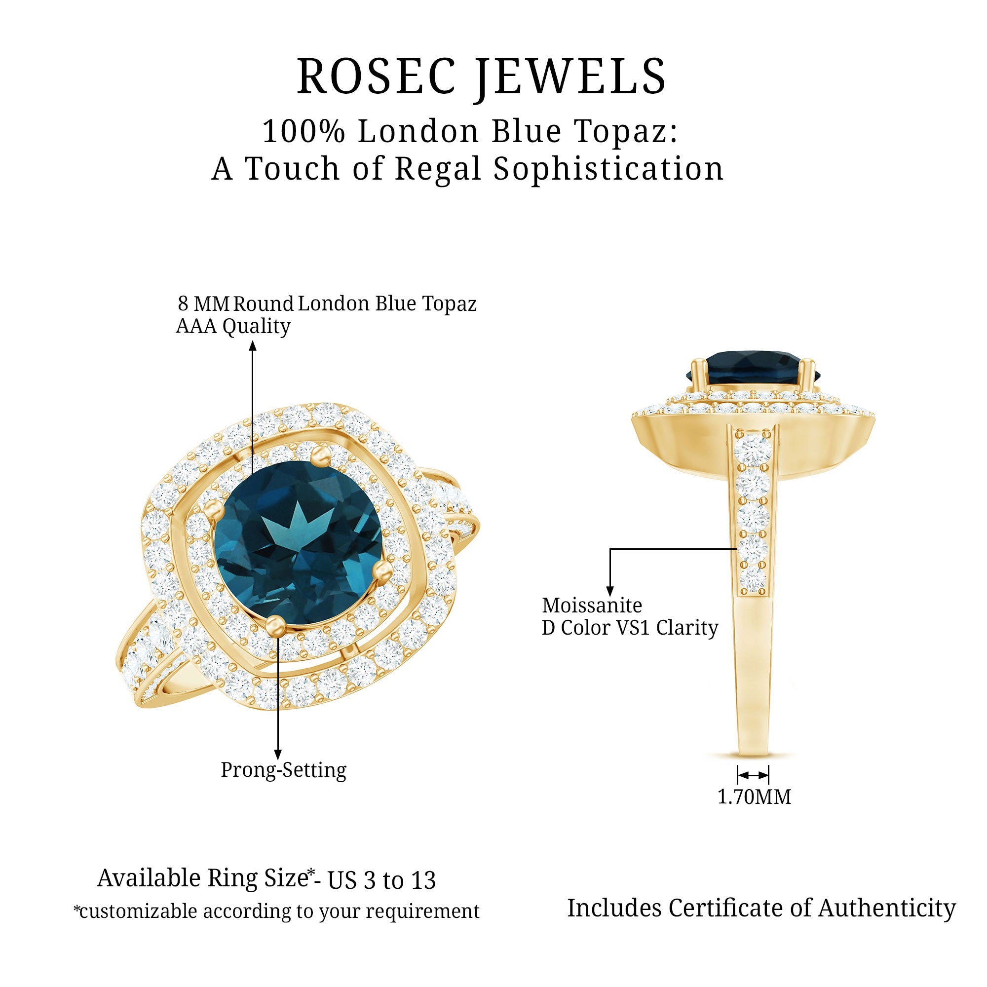 2 Carat Round London Blue Topaz Double Halo Engagement Ring with Moissanite