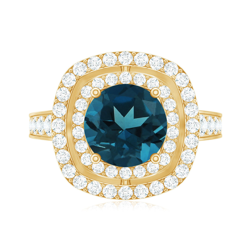 2 Carat Round London Blue Topaz Double Halo Engagement Ring with Moissanite