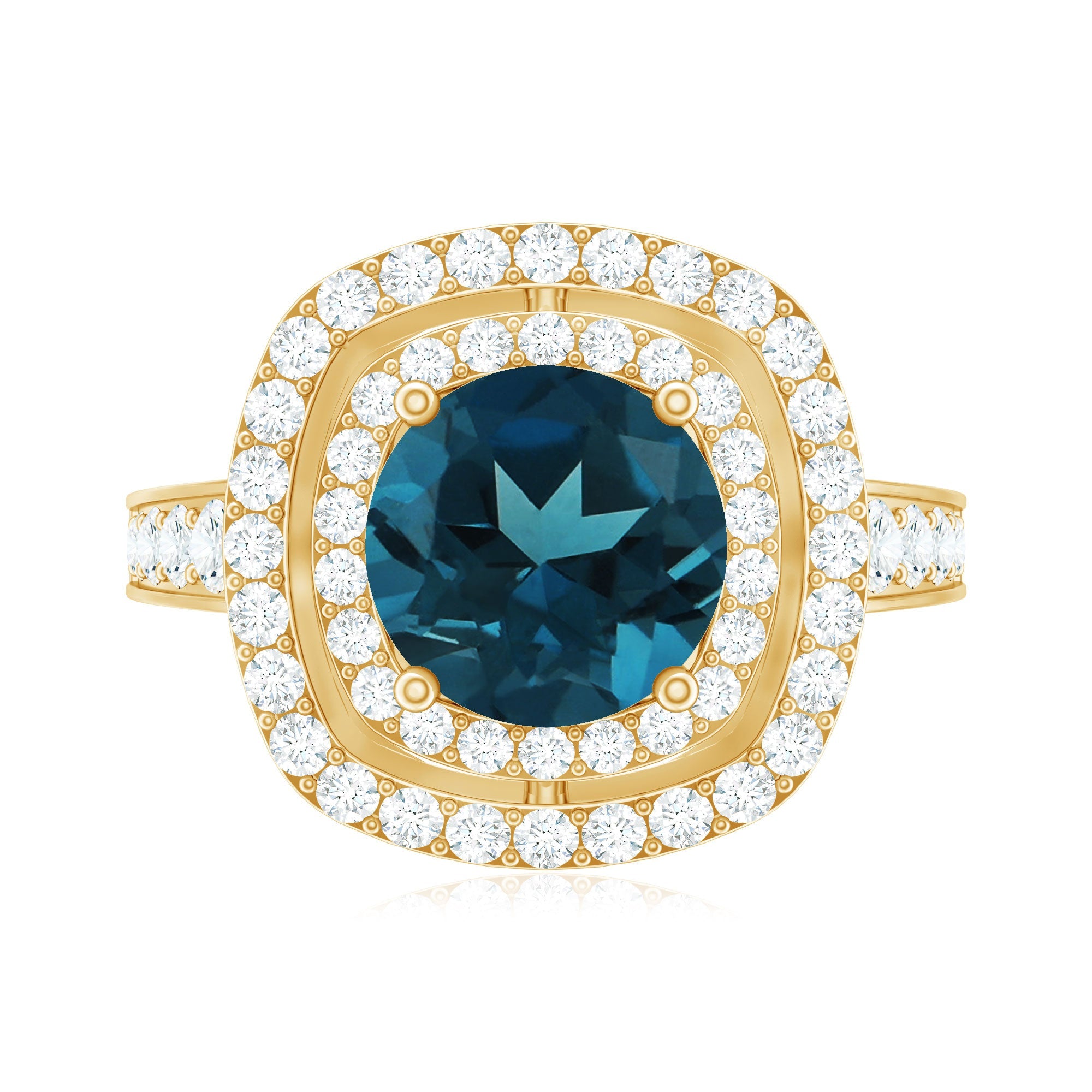2 Carat Round London Blue Topaz Double Halo Engagement Ring with Moissanite