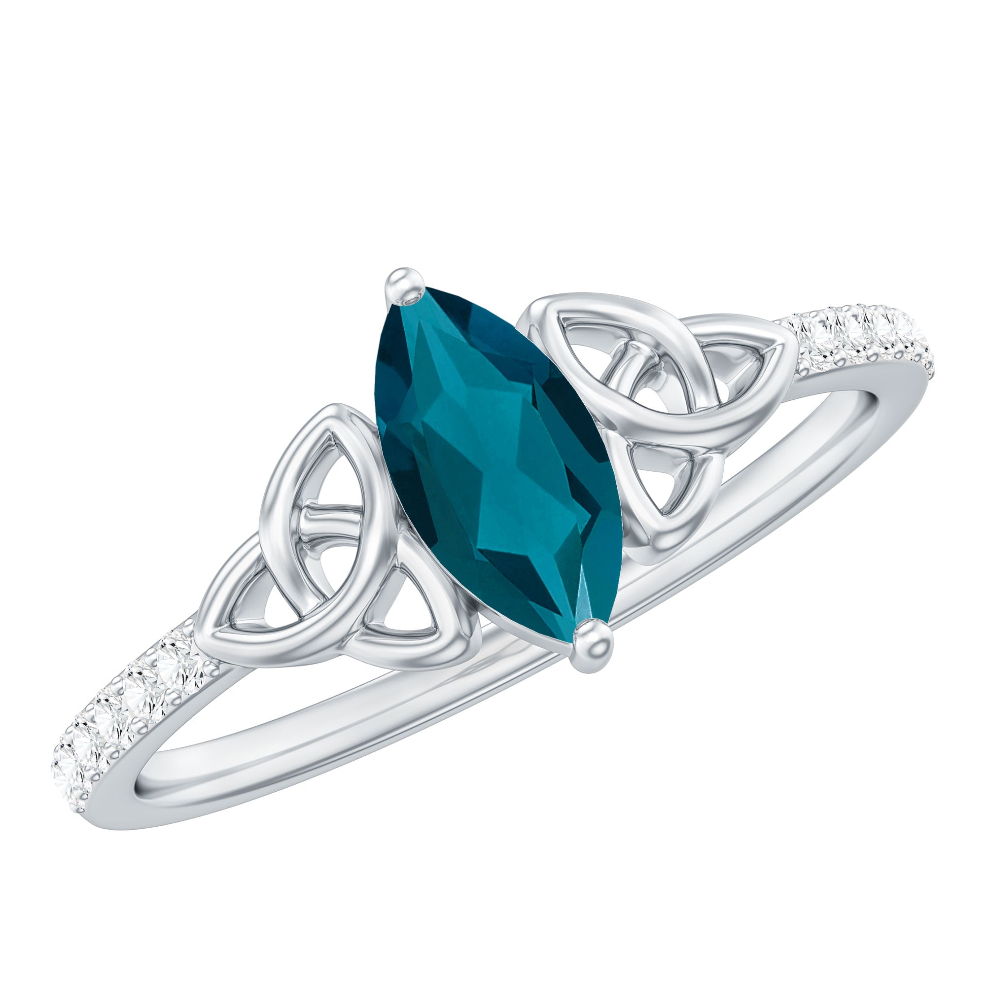 0.74 Carat Marquise Cut London Blue Topaz Celtic Engagement Ring with Diamond