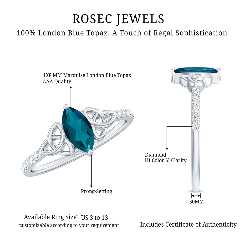 0.74 Carat Marquise Cut London Blue Topaz Celtic Engagement Ring with Diamond