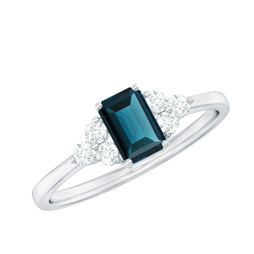 London Blue Topaz Ring – Emerald Cut Engagement with Diamond Trio in Prong Setting