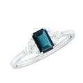 London Blue Topaz Ring – Emerald Cut Engagement with Diamond Trio in Prong Setting