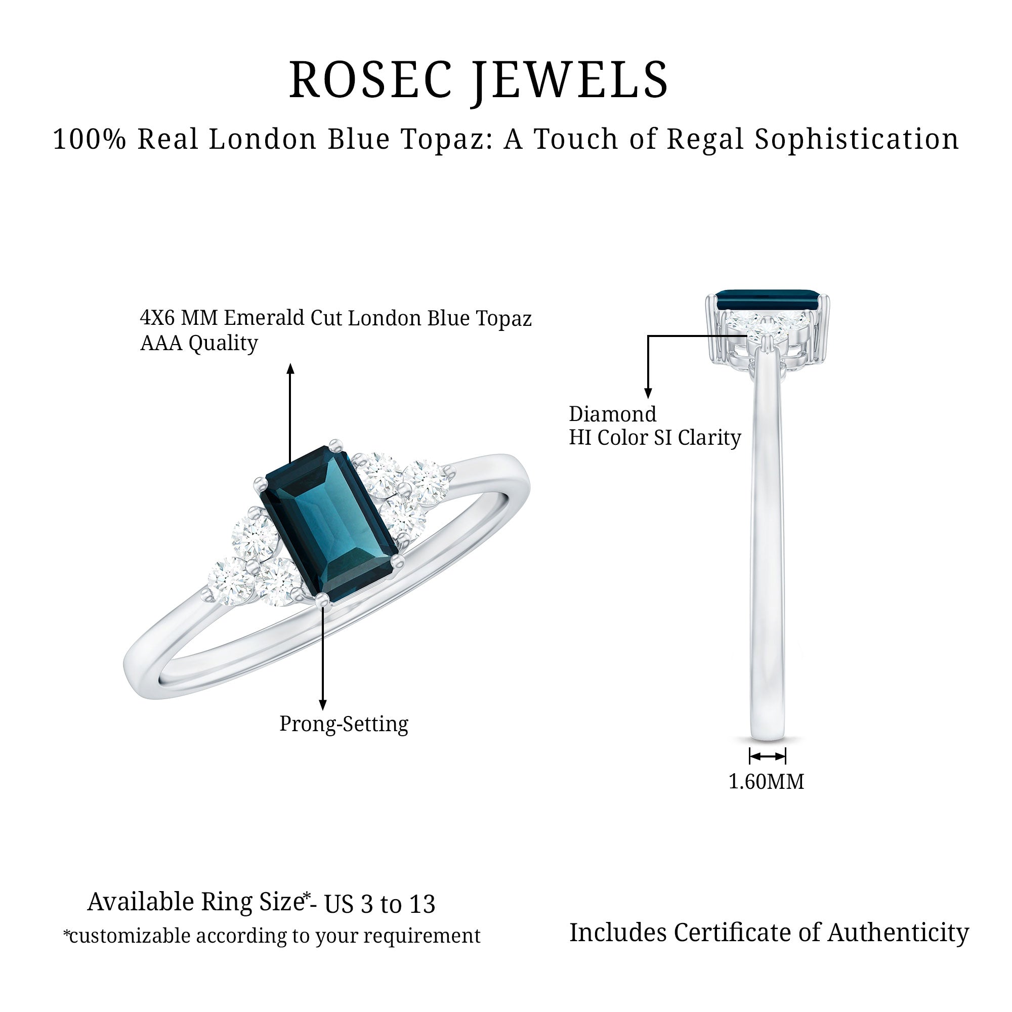London Blue Topaz Ring – Emerald Cut Engagement with Diamond Trio in Prong Setting
