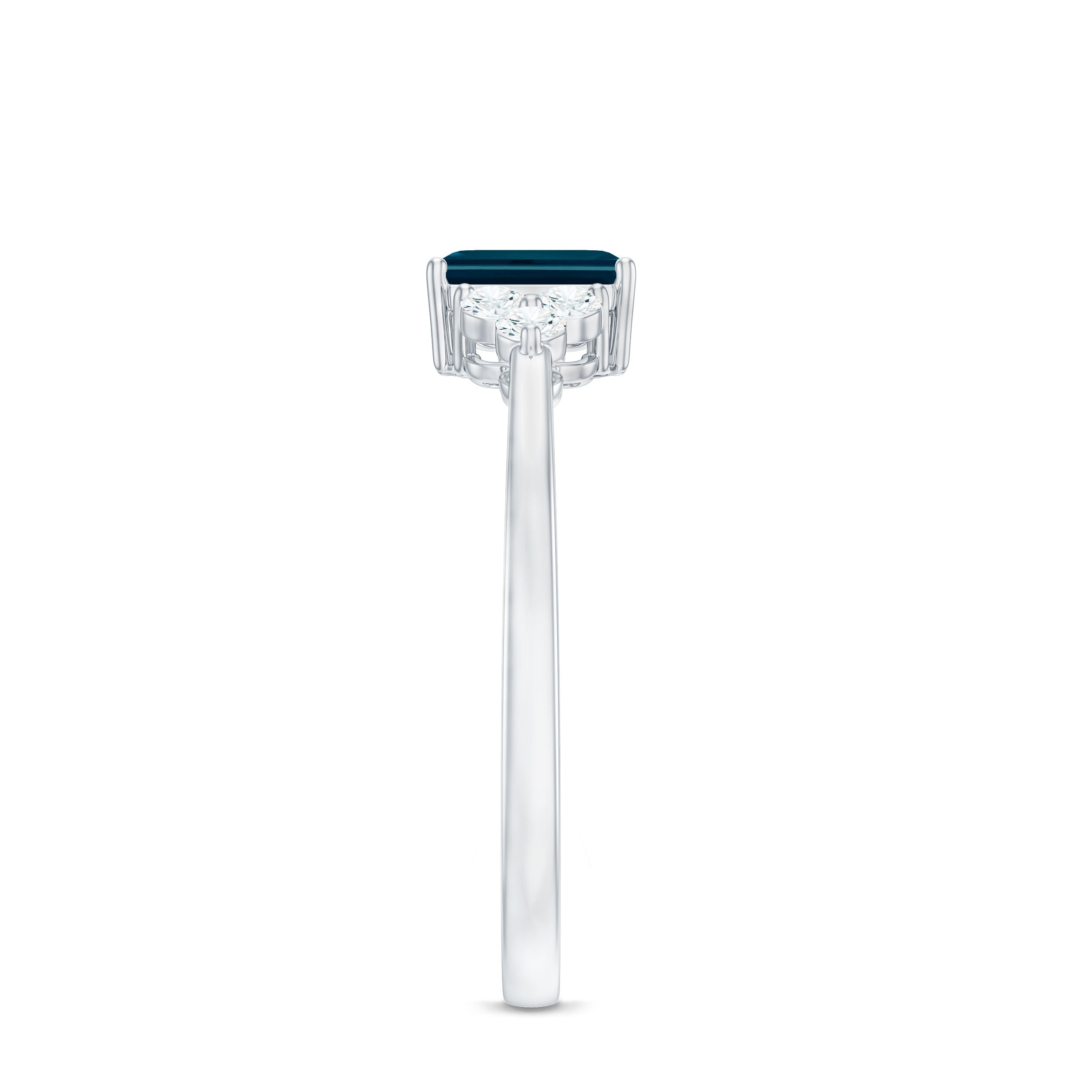 London Blue Topaz Ring – Emerald Cut Engagement with Diamond Trio in Prong Setting
