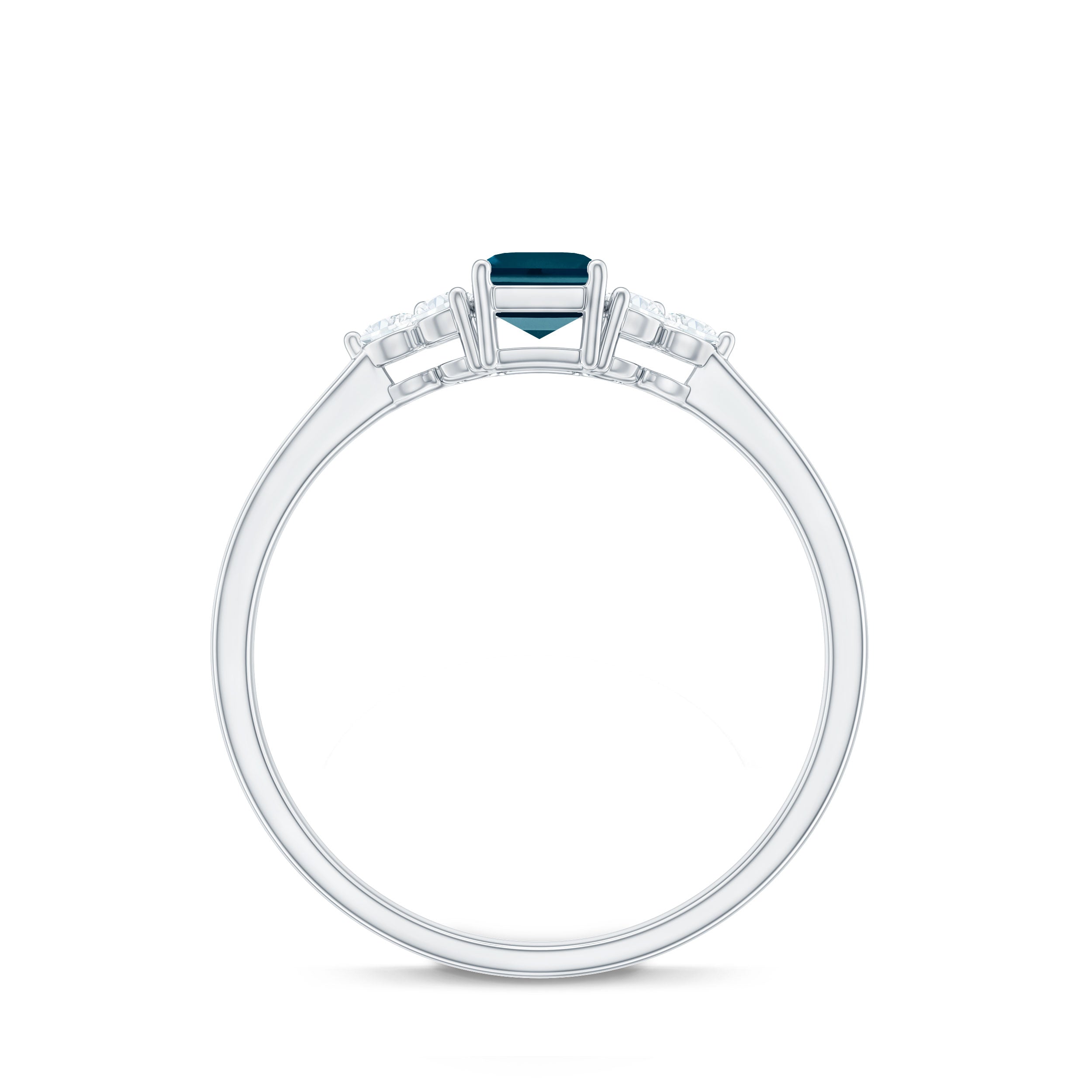 London Blue Topaz Ring – Emerald Cut Engagement with Diamond Trio in Prong Setting