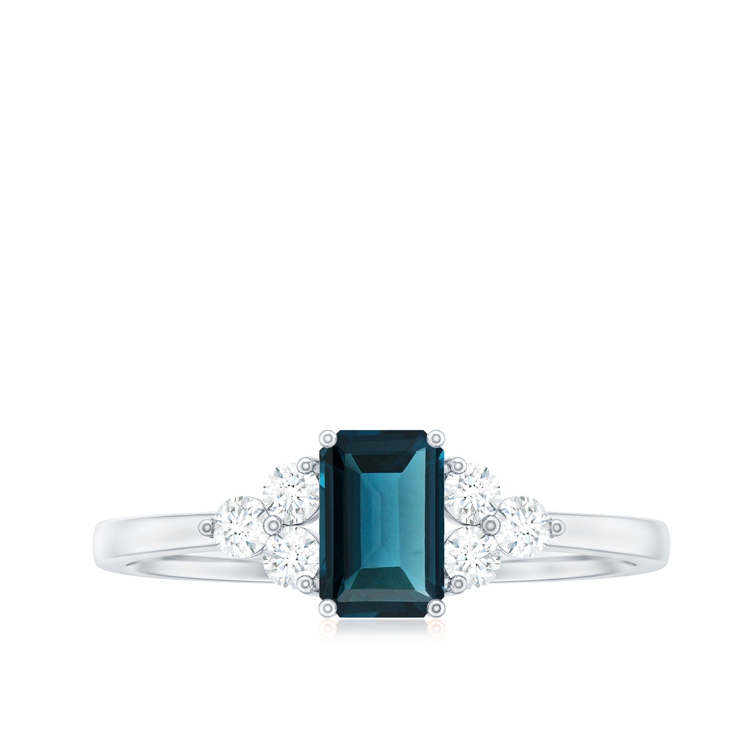 London Blue Topaz Ring – Emerald Cut Engagement with Diamond Trio in Prong Setting