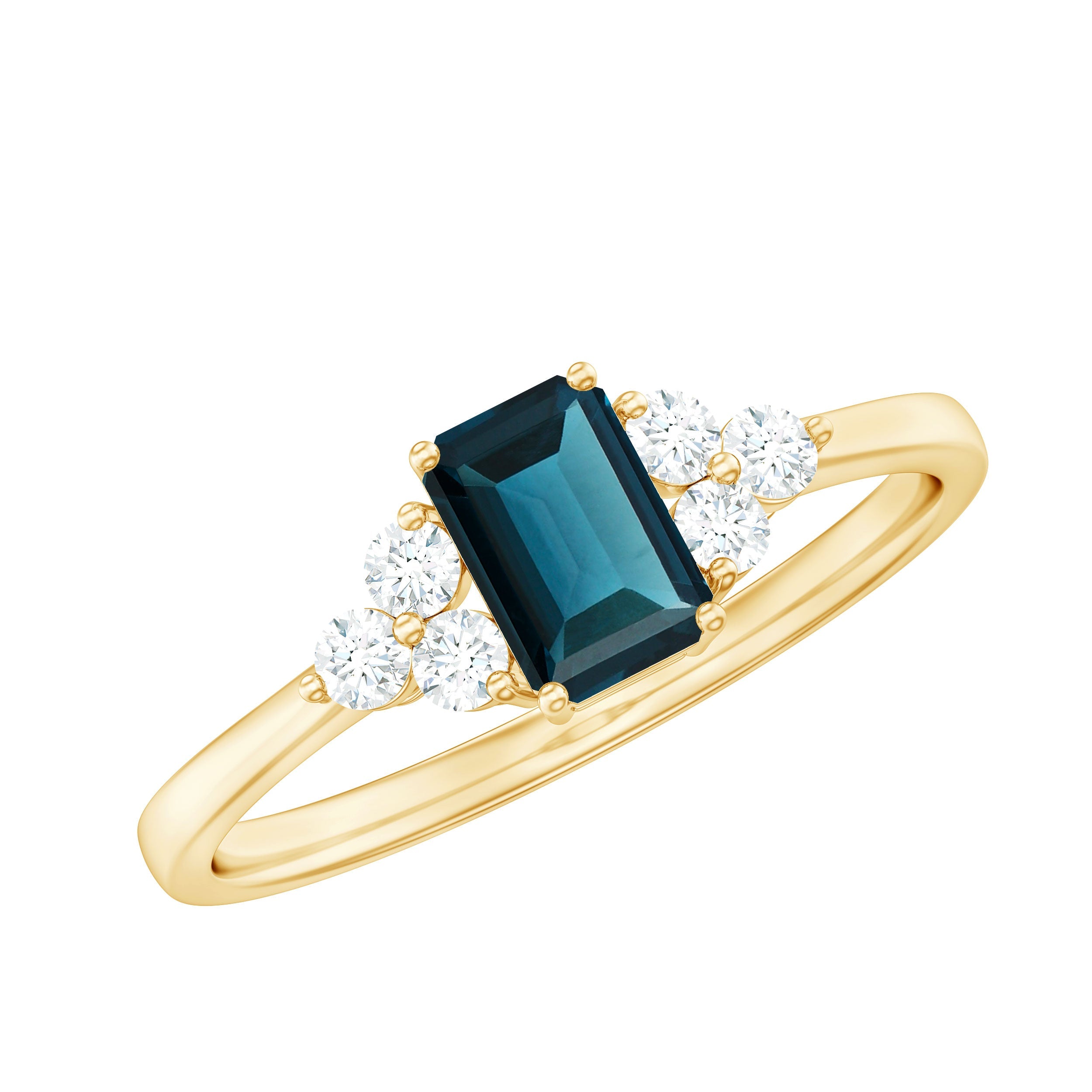 London Blue Topaz Ring – Emerald Cut Engagement with Diamond Trio in Prong Setting