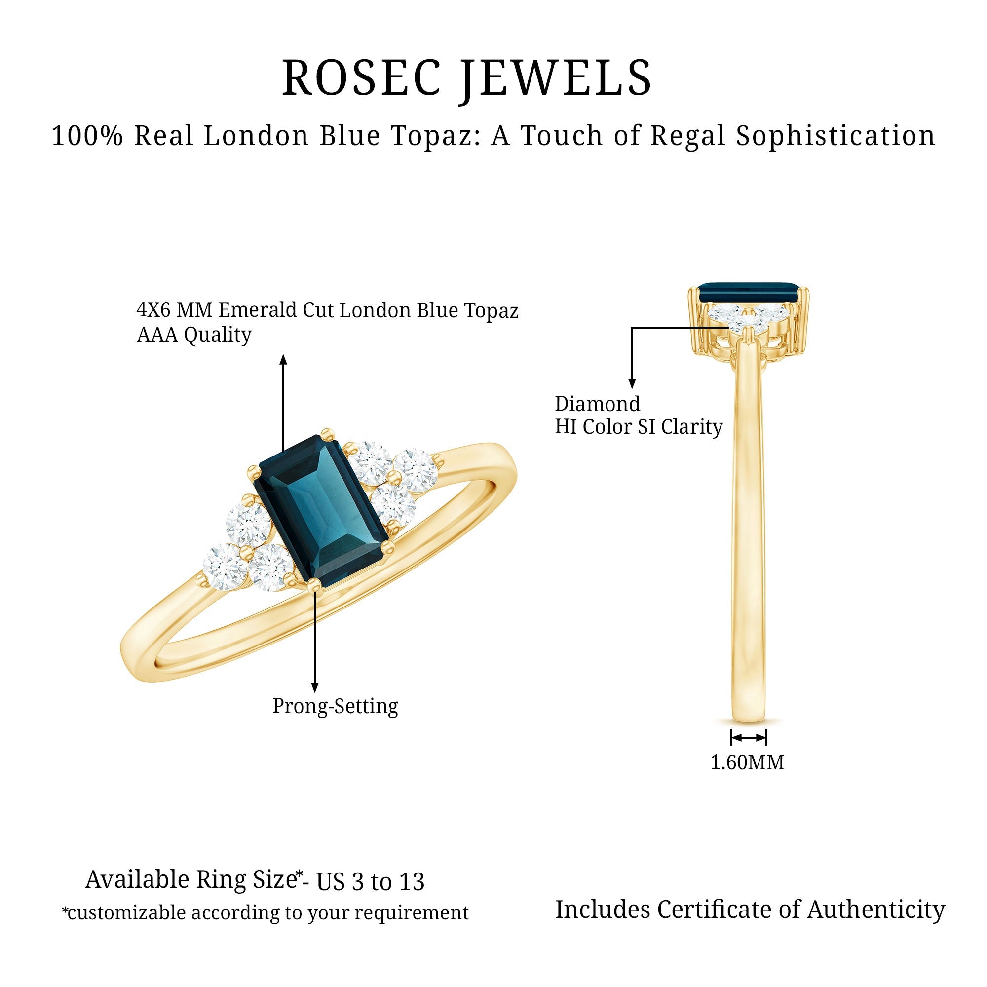 London Blue Topaz Ring – Emerald Cut Engagement with Diamond Trio in Prong Setting