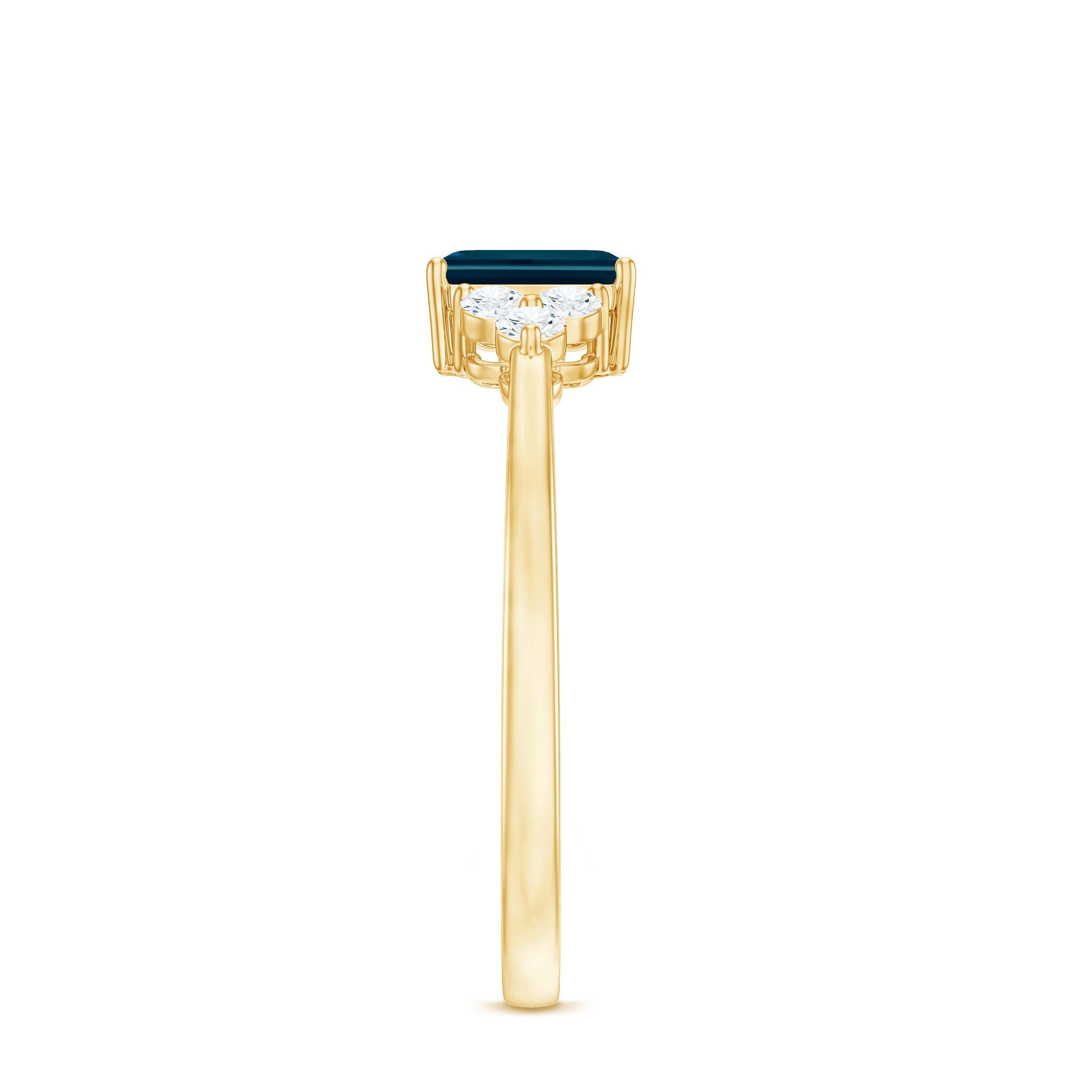 London Blue Topaz Ring – Emerald Cut Engagement with Diamond Trio in Prong Setting