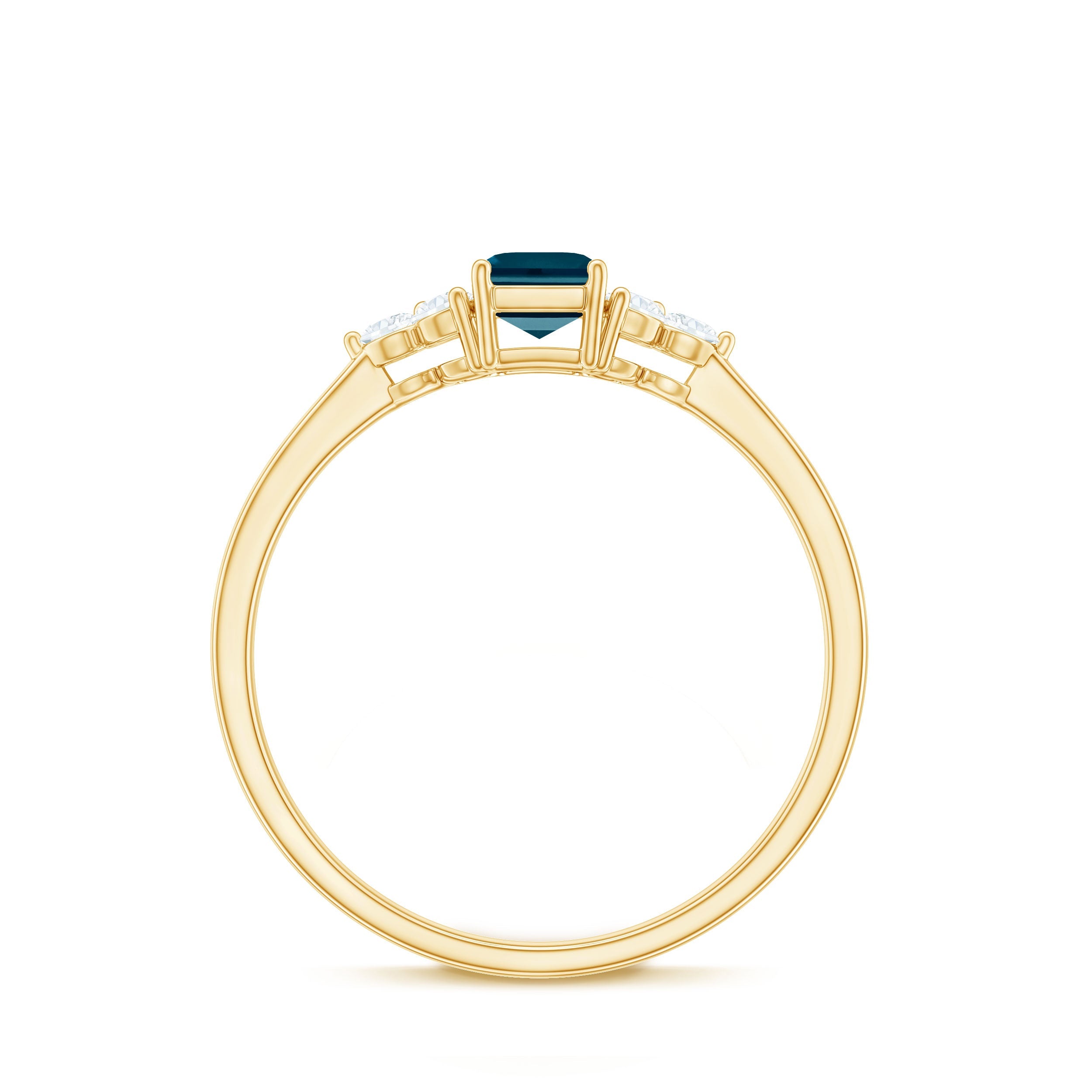 London Blue Topaz Ring – Emerald Cut Engagement with Diamond Trio in Prong Setting