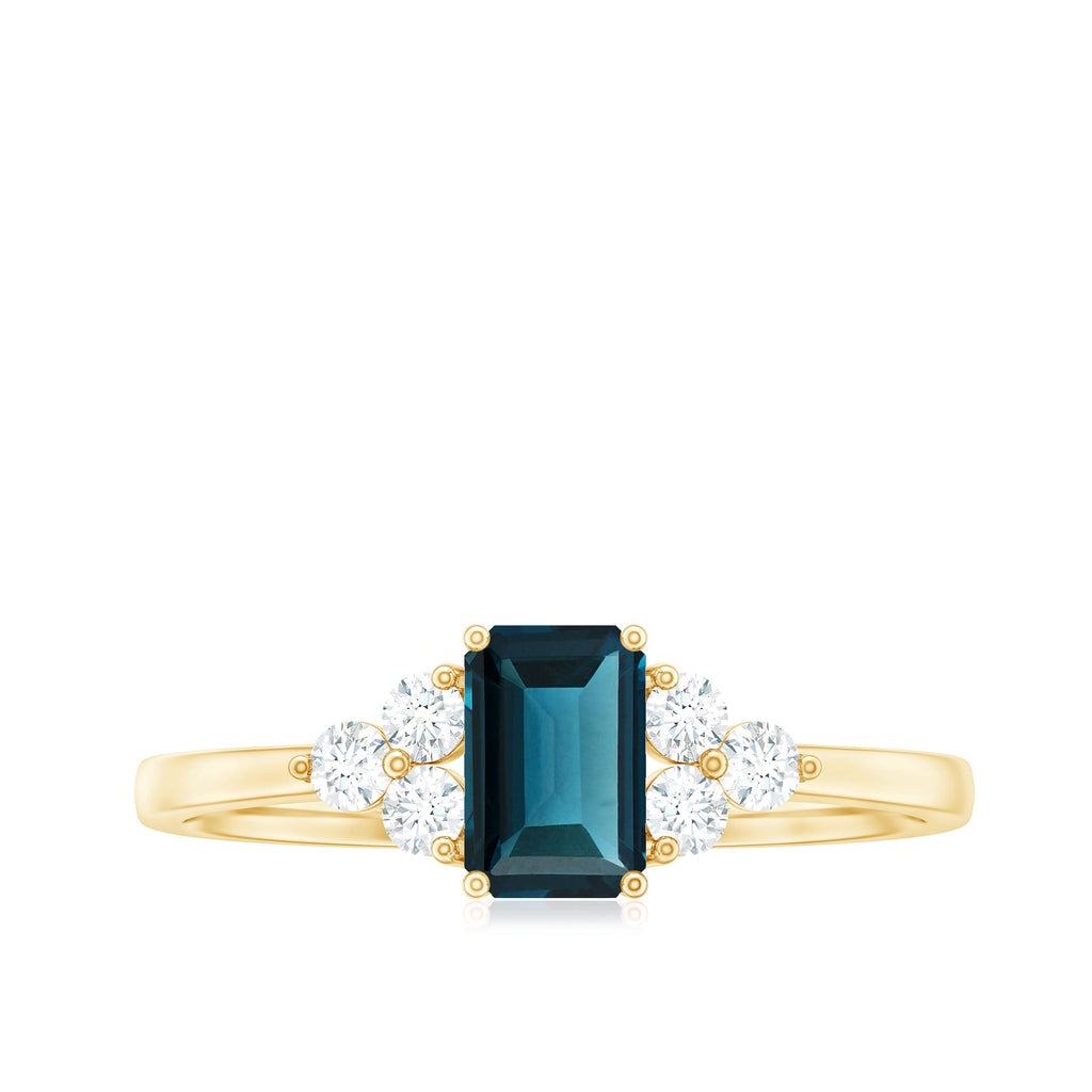 London Blue Topaz Ring – Emerald Cut Engagement with Diamond Trio in Prong Setting