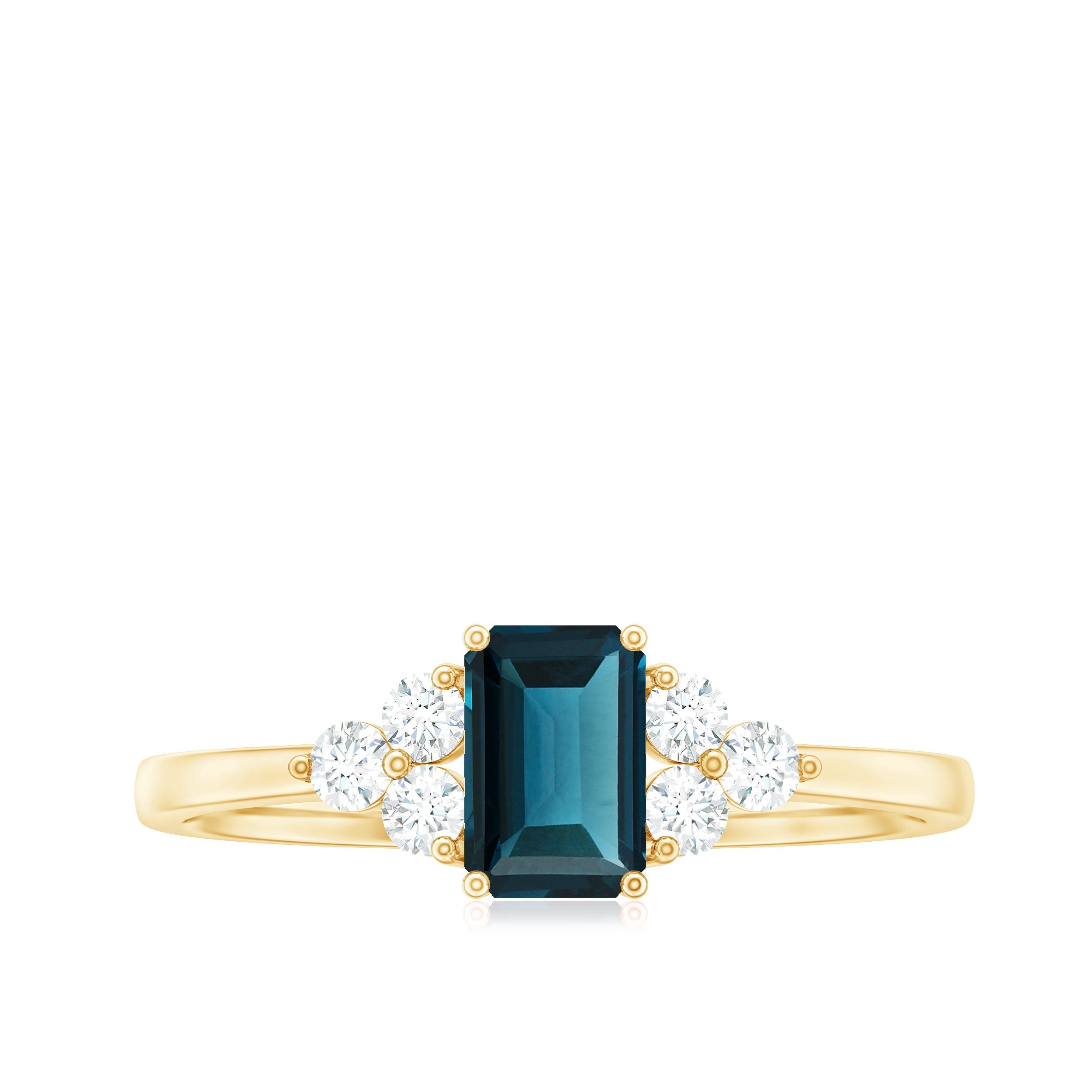 London Blue Topaz Ring – Emerald Cut Engagement with Diamond Trio in Prong Setting