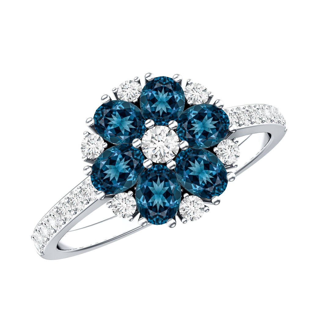 Natural London Blue Topaz Flower Engagement Ring with Diamond