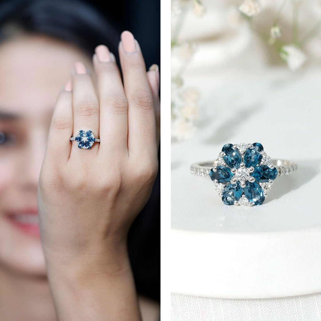 Natural London Blue Topaz Flower Engagement Ring with Diamond
